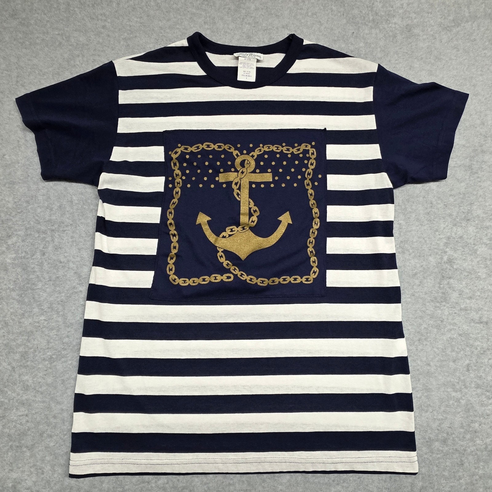 Vintage 90s Lucky Vince Nautical Anchor Graphic T-Shirt Made USA Navy Striped M