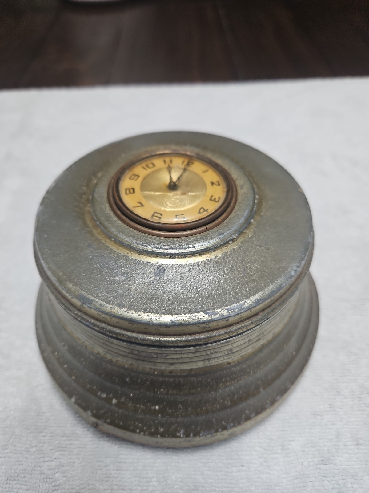 VTG 1940’s Aluminum Desk Top Clock (Works) w/ Powder Music Box (Not Working) 59 VTG 1940’s Aluminum Desk Top Clock (Works) w/ Powder Music Box (Not Working) 59