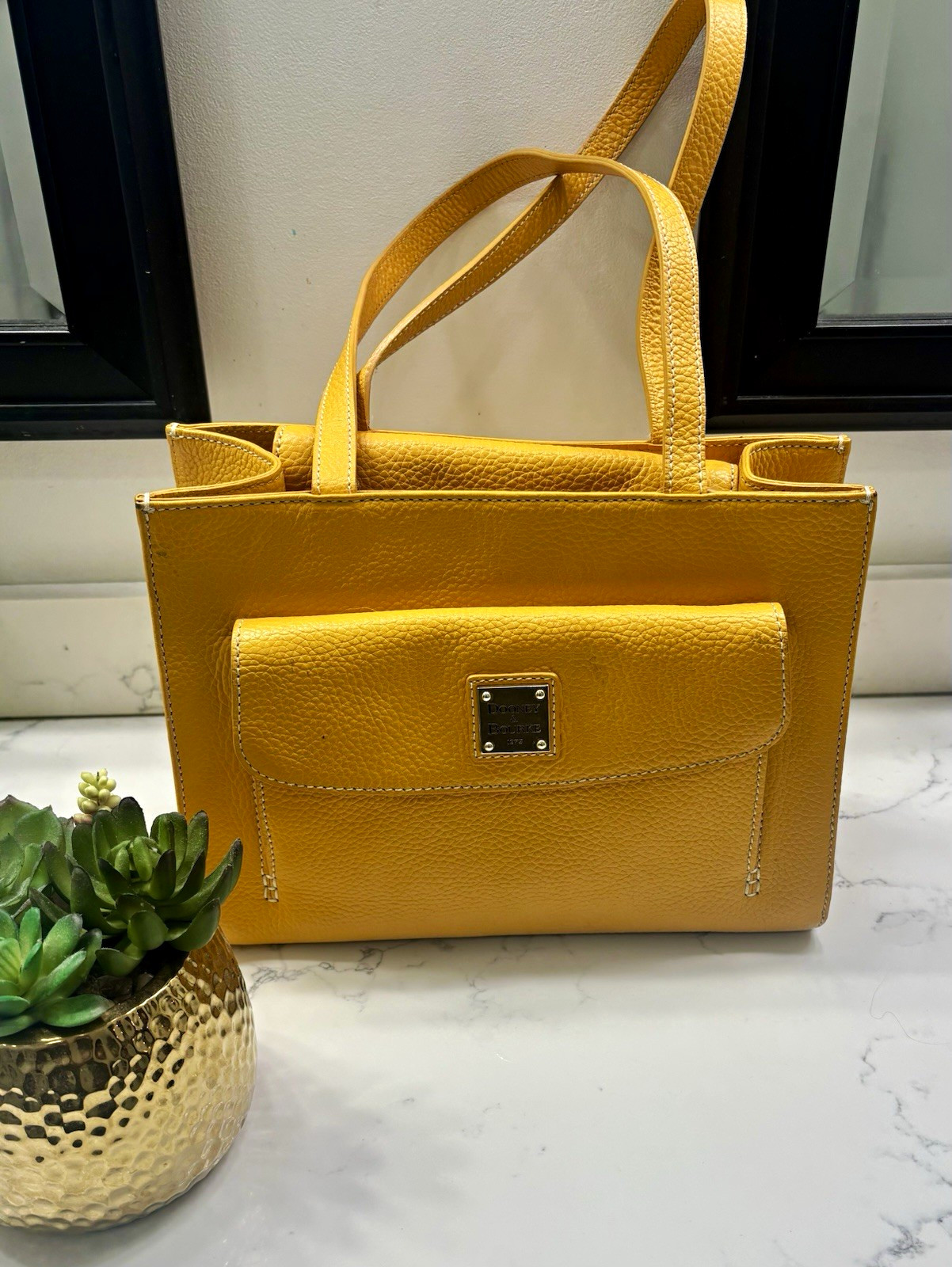 Dooney & Bourke Yellow Pebbled Tote Magnetic Flap Pocket Gold Hardware