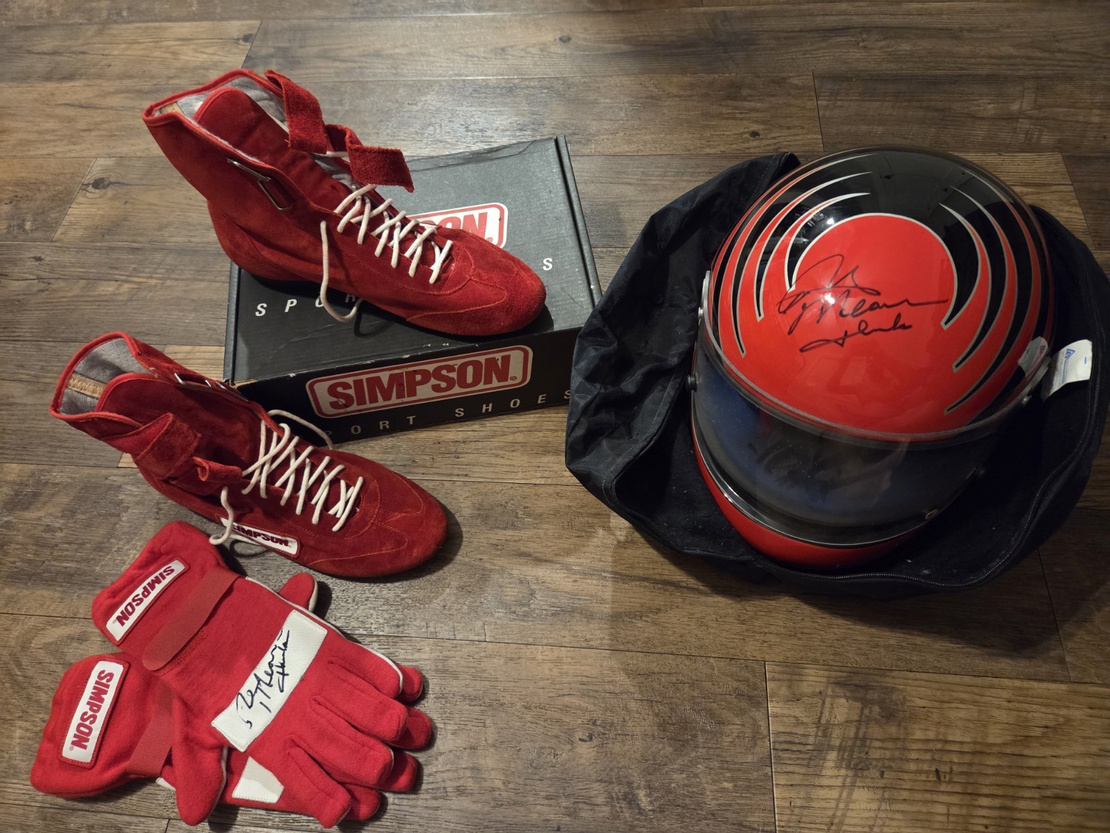 Autographed Rick Mears Helmet And Gloves.( 4 Time Winner Indianapolis 500)