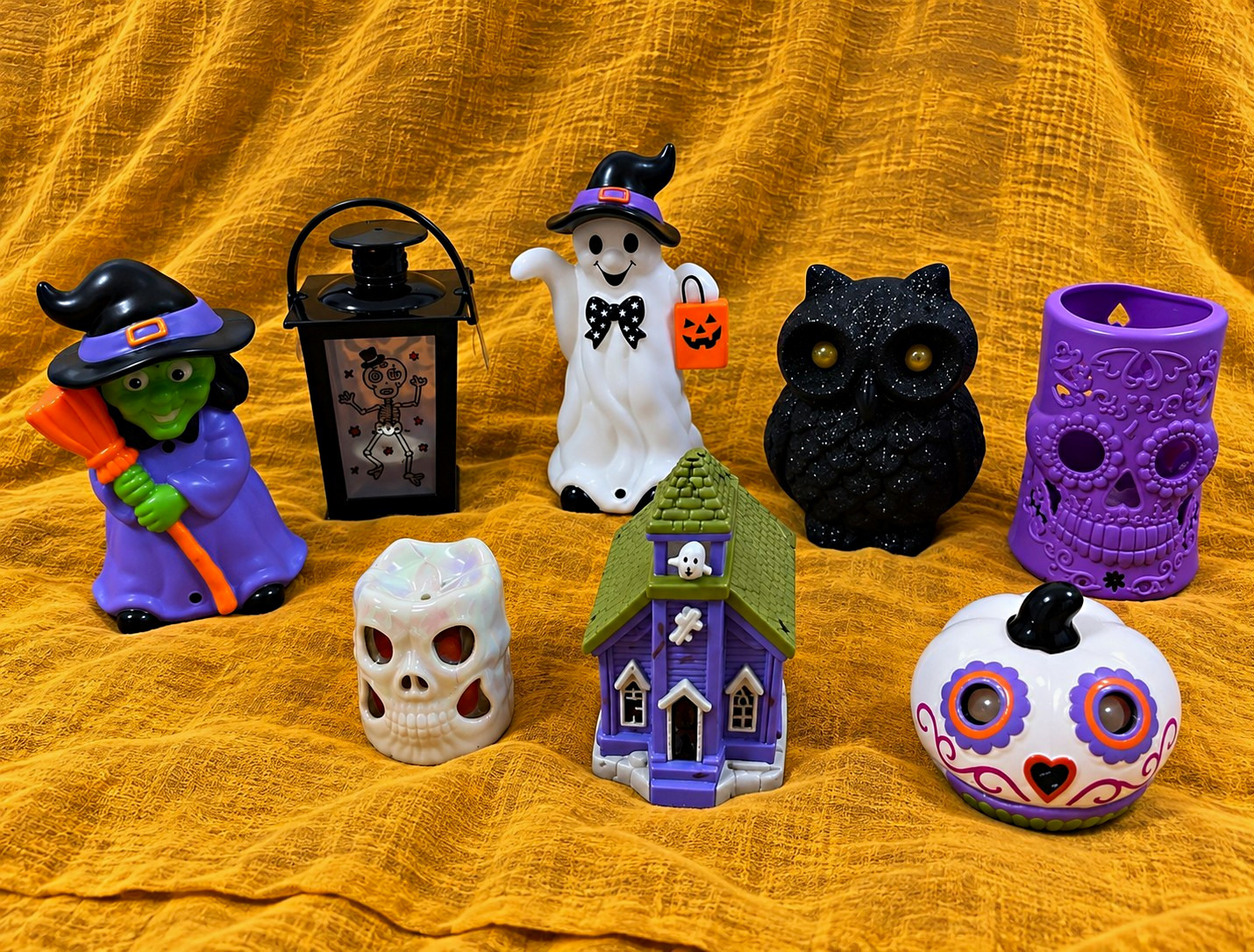 Halloween LED Light Up Decorations Lot of 8 Witch Ghost Owl Skulls Haunted House