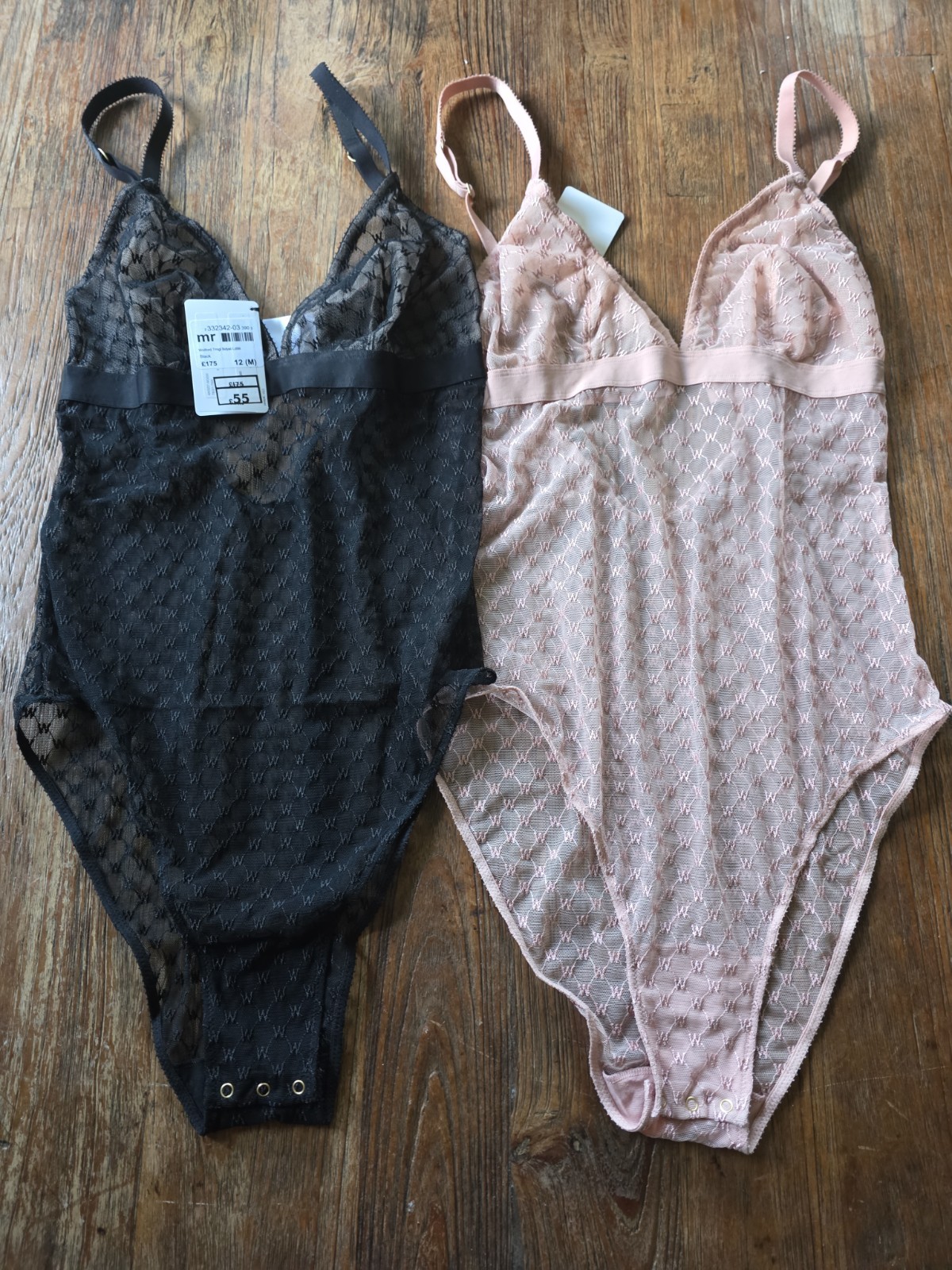 Wolford Lace Logo Body Suit X 2pc Rose And Black Size 12 ( medium) BNWT