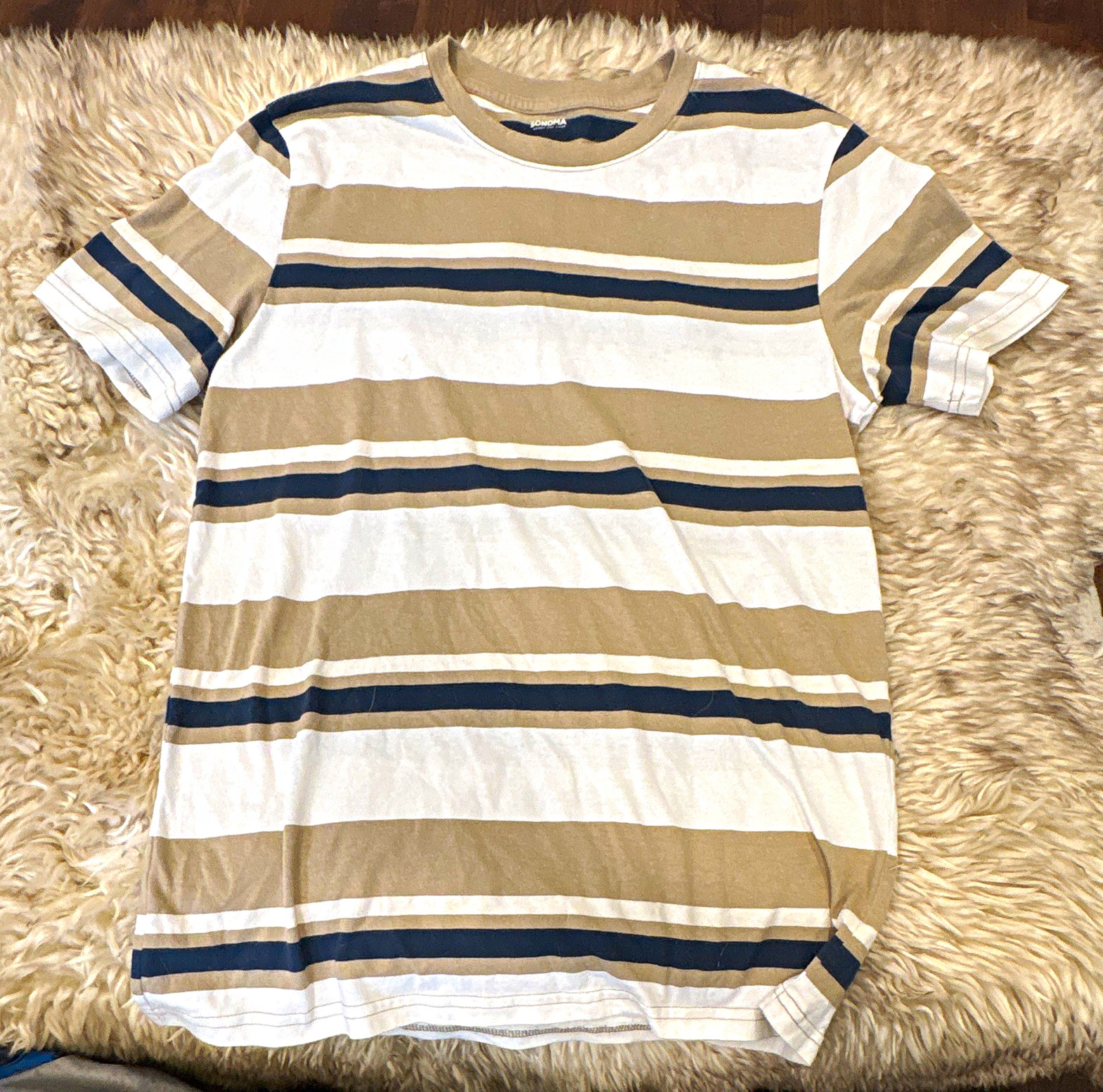 Sonoma Goods For Life Men\'s Beige/White/Blue Striped T-Shirt S Crew Neck Cotton Sonoma Goods For Life Men\'s Beige/White/Blue Striped T-Shirt S Crew Neck Cotton