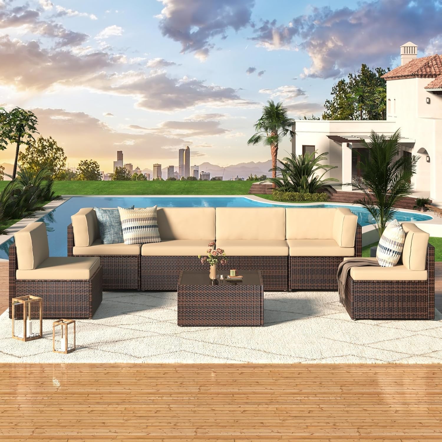 7 PCS Outdoor Patio Furniture Set, PE Rattan Wicker Sofa Set w/ Coffee Table 7 PCS Outdoor Patio Furniture Set, PE Rattan Wicker Sofa Set w/ Coffee Table
