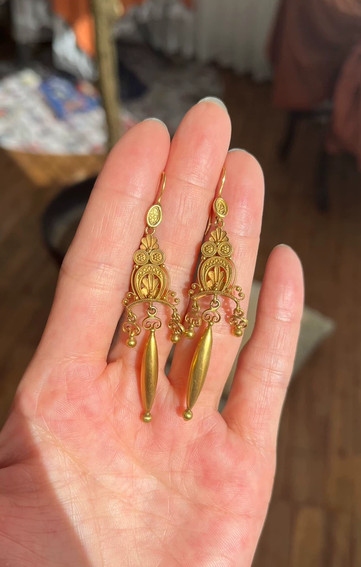 Etruscan Revival 14K Gold Granulation Filigree Drop Earrings - 75mm 7.5g Pair Etruscan Revival 14K Gold Granulation Filigree Drop Earrings - 75mm 7.5g Pair