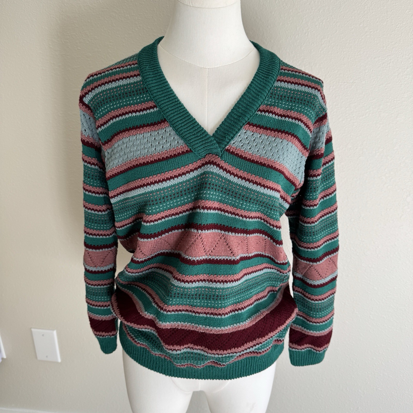 Vintage James Kenrob Knit V-neck Striped Sweater Green Pink Cottage Retro Sz M
