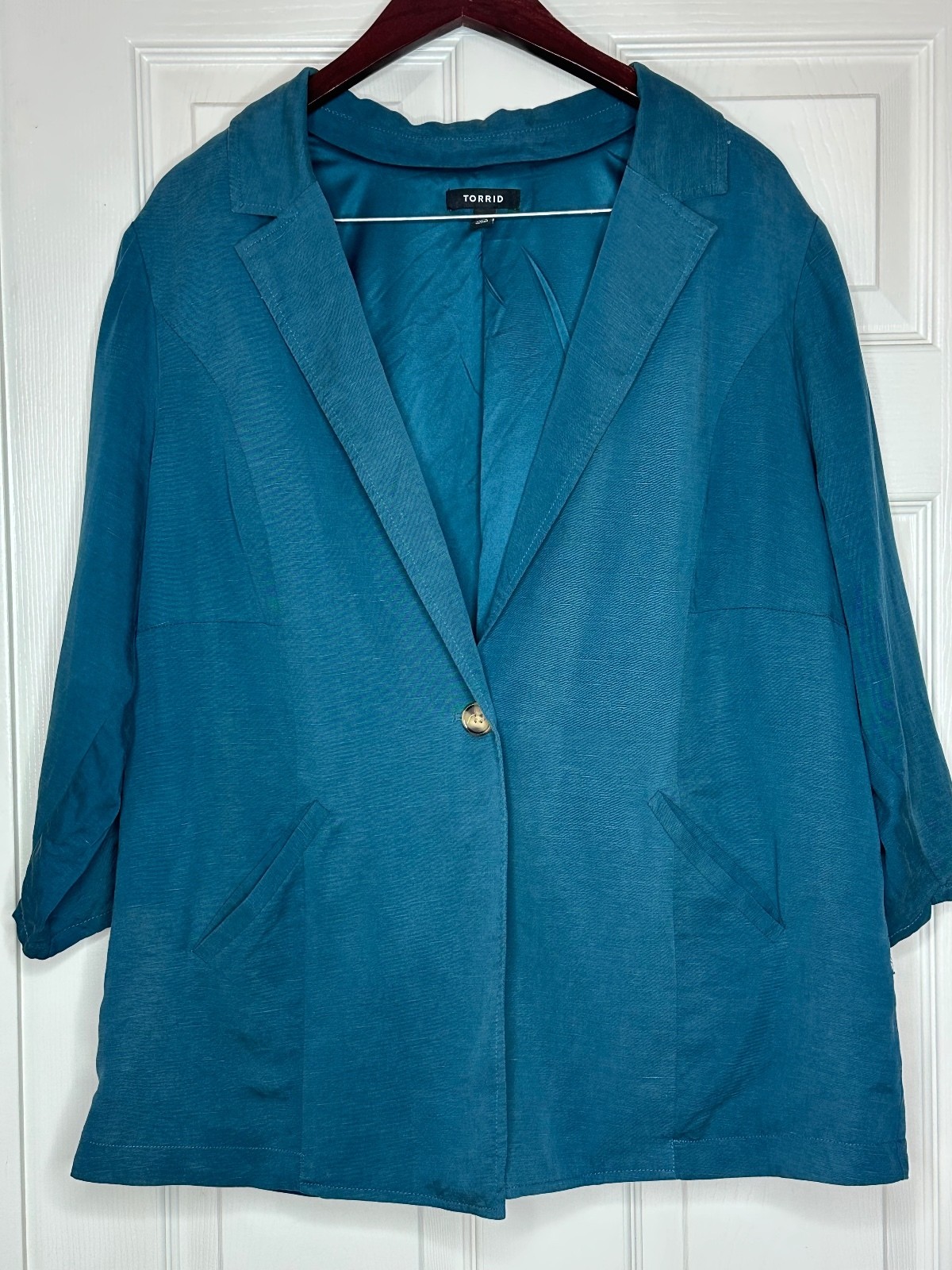 Torrid Studio Linen Single-Breasted Blazer Tunic - Teal Green Size 1 / 1X Torrid Studio Linen Single-Breasted Blazer Tunic - Teal Green Size 1 / 1X