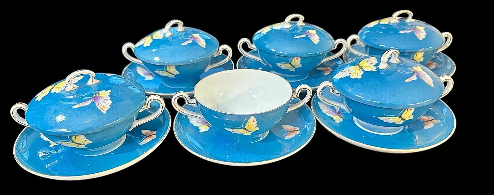 OLD NORITAKE RISING SUN SET OF 6 CREAM SOUPS & LIDS W/ SAUCERS TAISHO BUTTERFLY