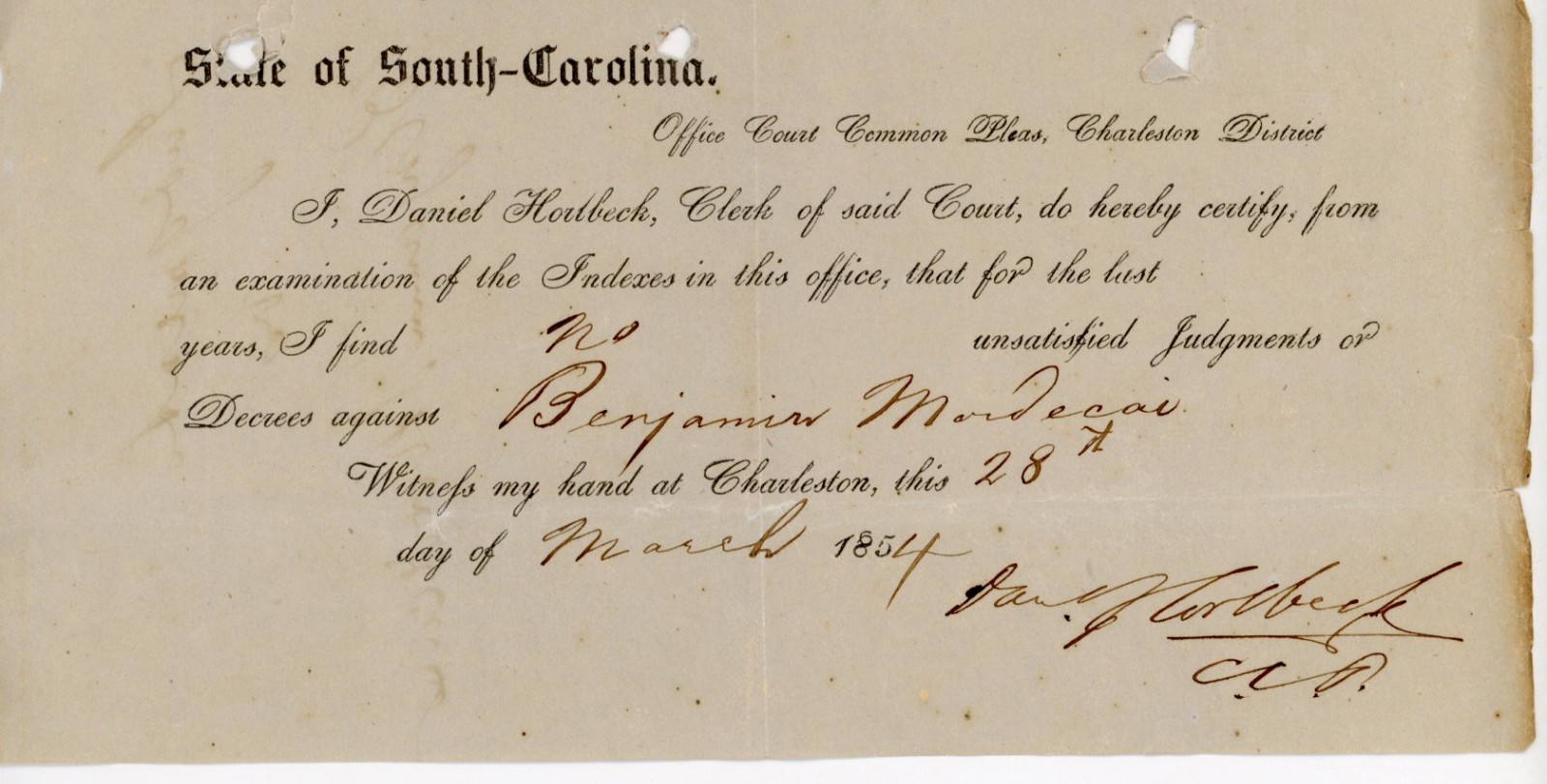 1854 Charleston SC Ephemera Benjamin Mordecai Legal Judgment Daniel Horlbeck