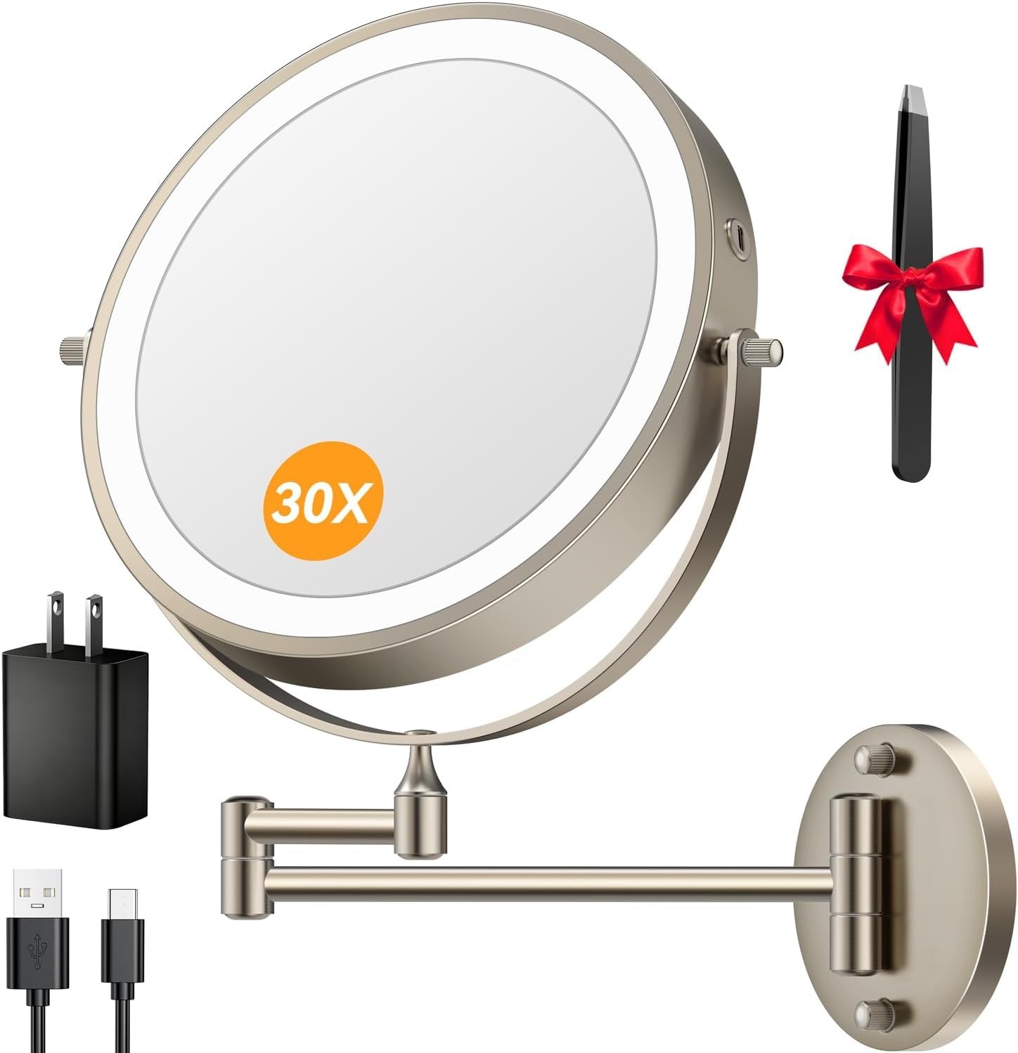 5000Mah Rechargeable Wall Mounted Lighted Makeup Mirror, 9\'\' 30X/1X Double-Sided