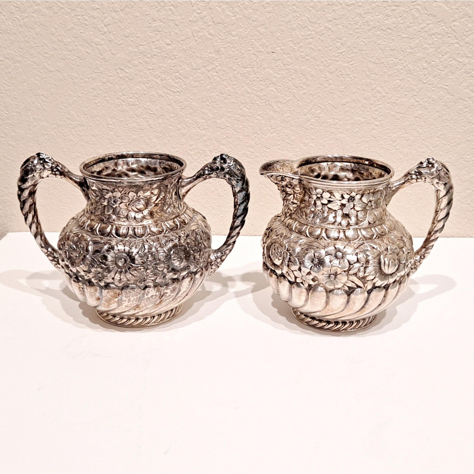 Antique Creamer Sugar Set Silver Plate Floral Repousse Victorian Era Signed