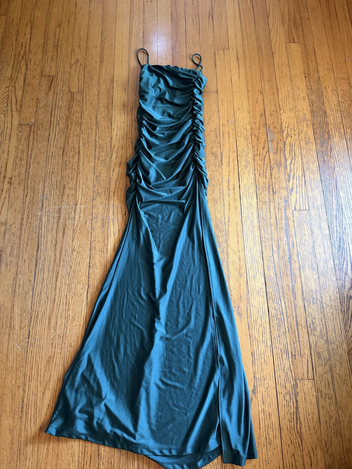 Lovely Day Dress Womens Medium Green Ruched Bodycon Jersey Spaghetti Strap Maxi
