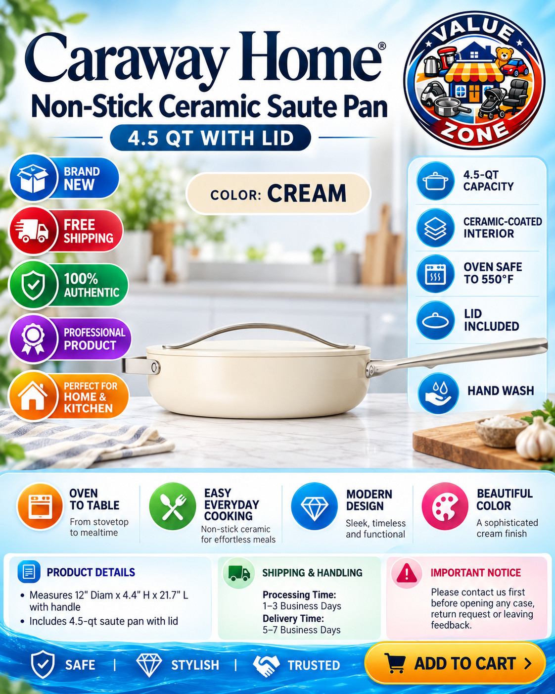 New Caraway Home 4.5 Qt Nonstick Ceramic Saute Pan with Lid 4 Colors