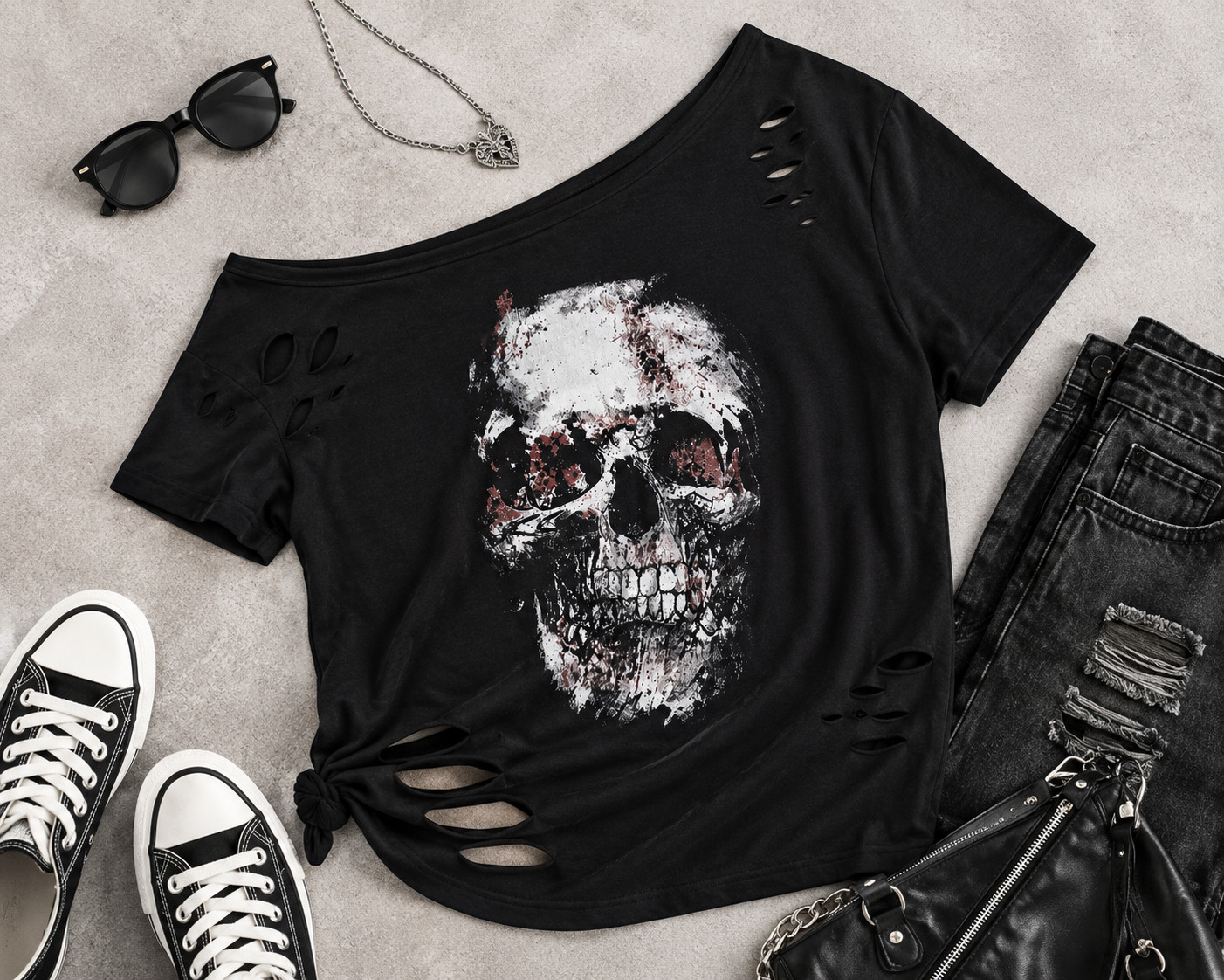 Women's Graphic Distressed Skull Off Shoulder Fashion Top Grunge Graphic Tee