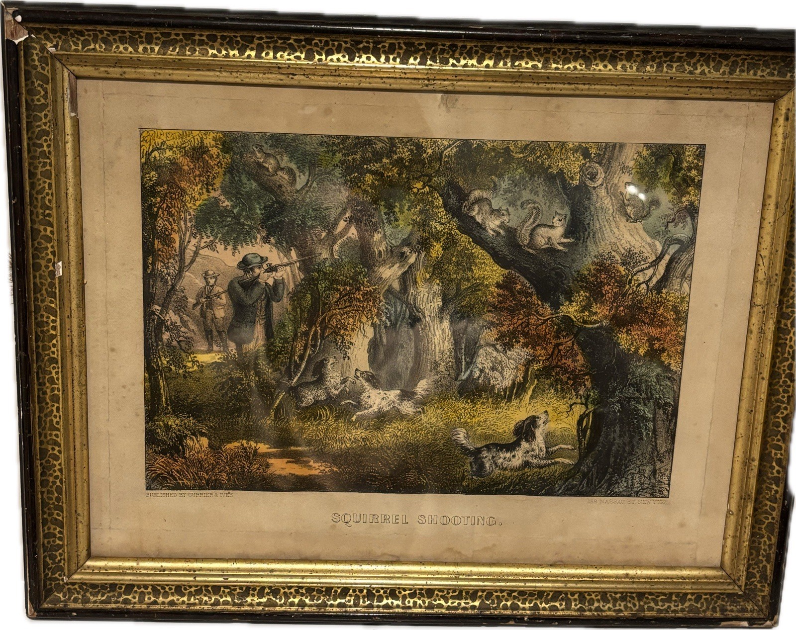 Currier & Ives Squirrel Shooting Original 1850s Lithograph 152 Nassau St Framed