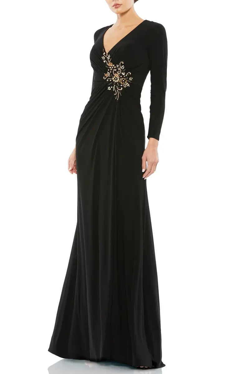 Mac Duggal Black Embellished Long Sleeve Jersey Gown Size 10 $398