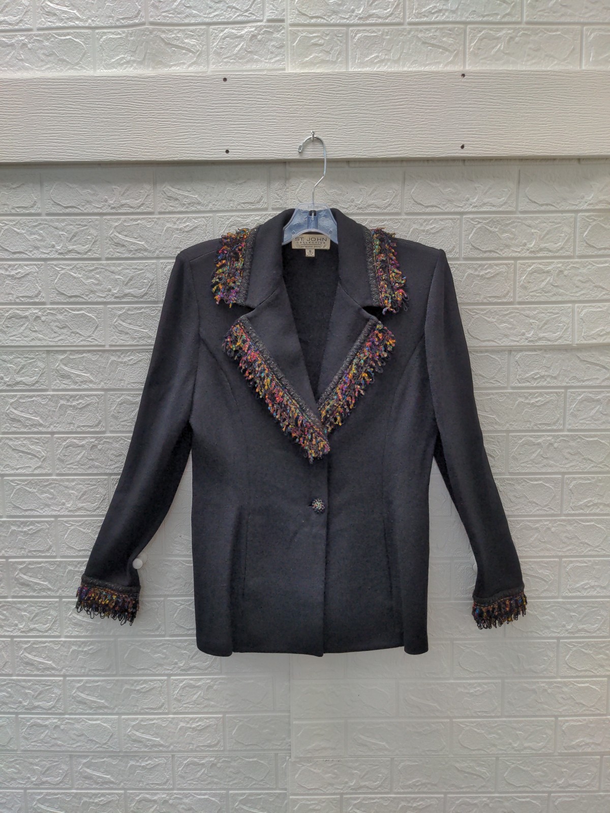 Pre-owned St.John Women\'s Knit Jacket Black Blazer Colorful Fringe Long... Pre-owned St.John Women\'s Knit Jacket Black Blazer Colorful Fringe Long...