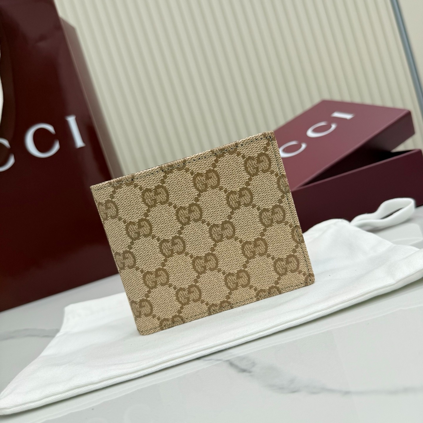 GG Essence Classic GG Canvas Bifold Wallet Beige Brown 876404 New GG Essence Classic GG Canvas Bifold Wallet Beige Brown 876404 New