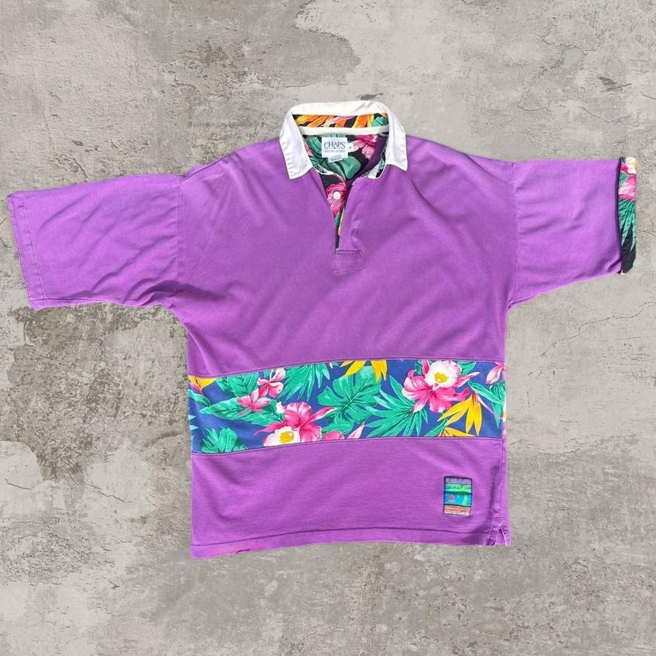 Chaps Ralph Lauren Tropical Floral Polo Size M Purple Short Sleeve Shirt