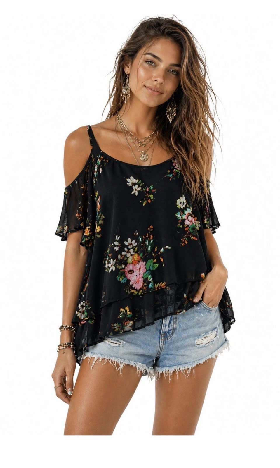 Xhilaration Black Floral Cold Shoulder Blouse Small Sheer Boho Flow Top Size XL