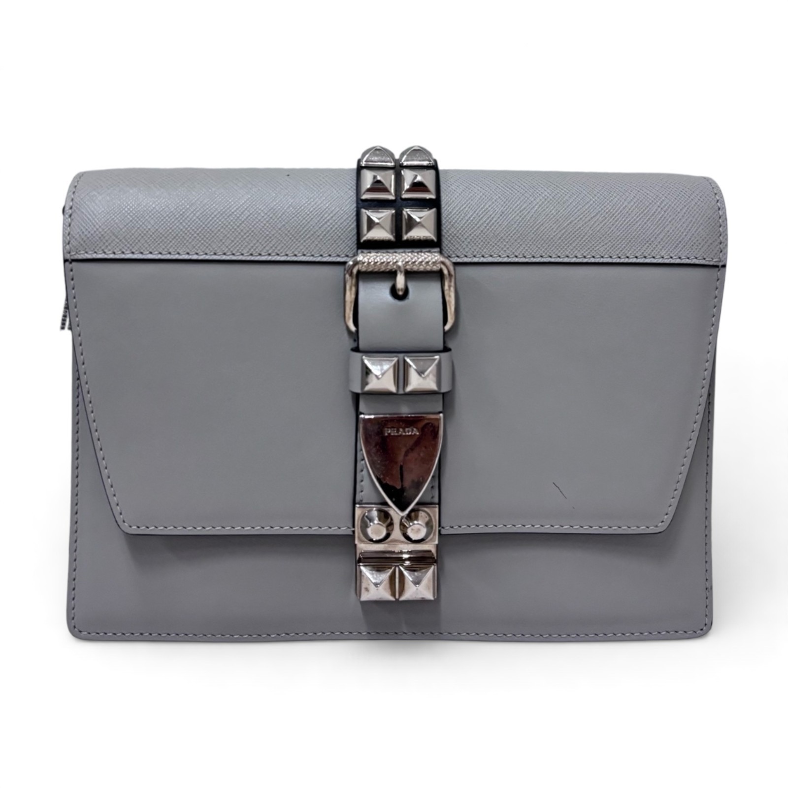 Pre-Owned Prada Grey Saffiano Stud Rockstud Style Shoulder Bag Pre-Owned Prada Grey Saffiano Stud Rockstud Style Shoulder Bag