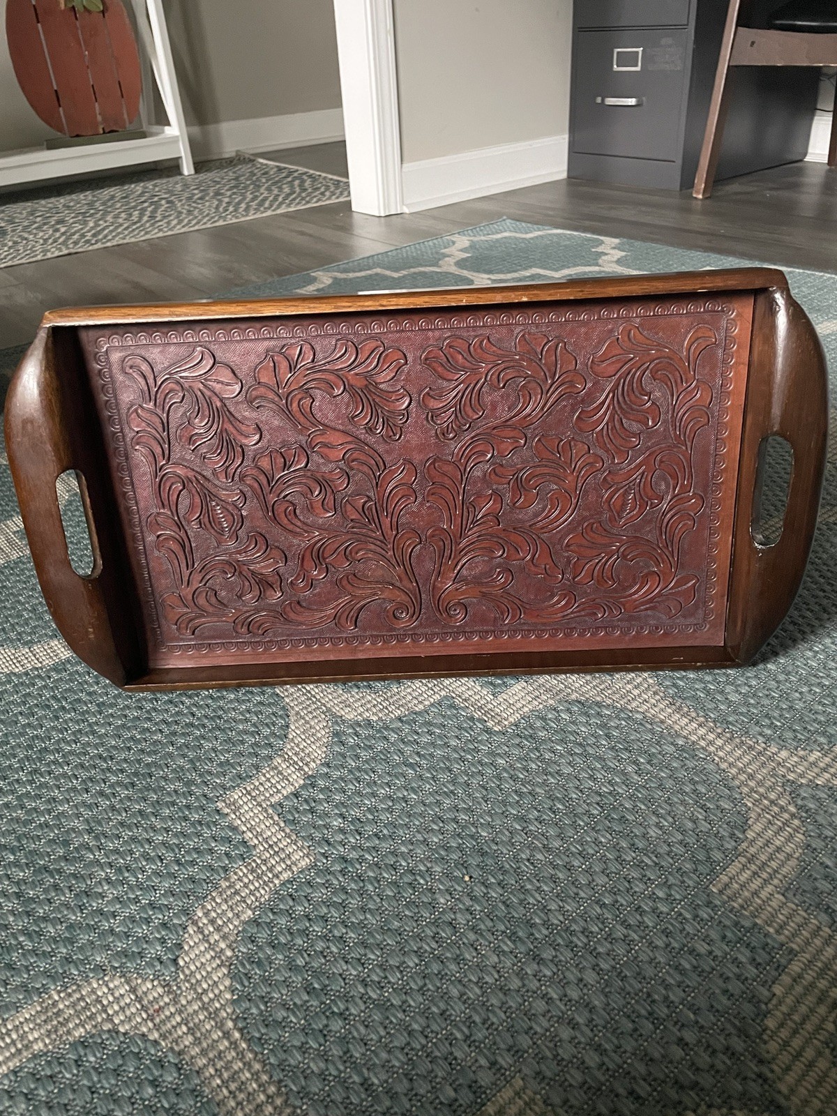 Vintage Peru Wood Leather Serving Ivy Tooled Folk Art- Dark academia decor