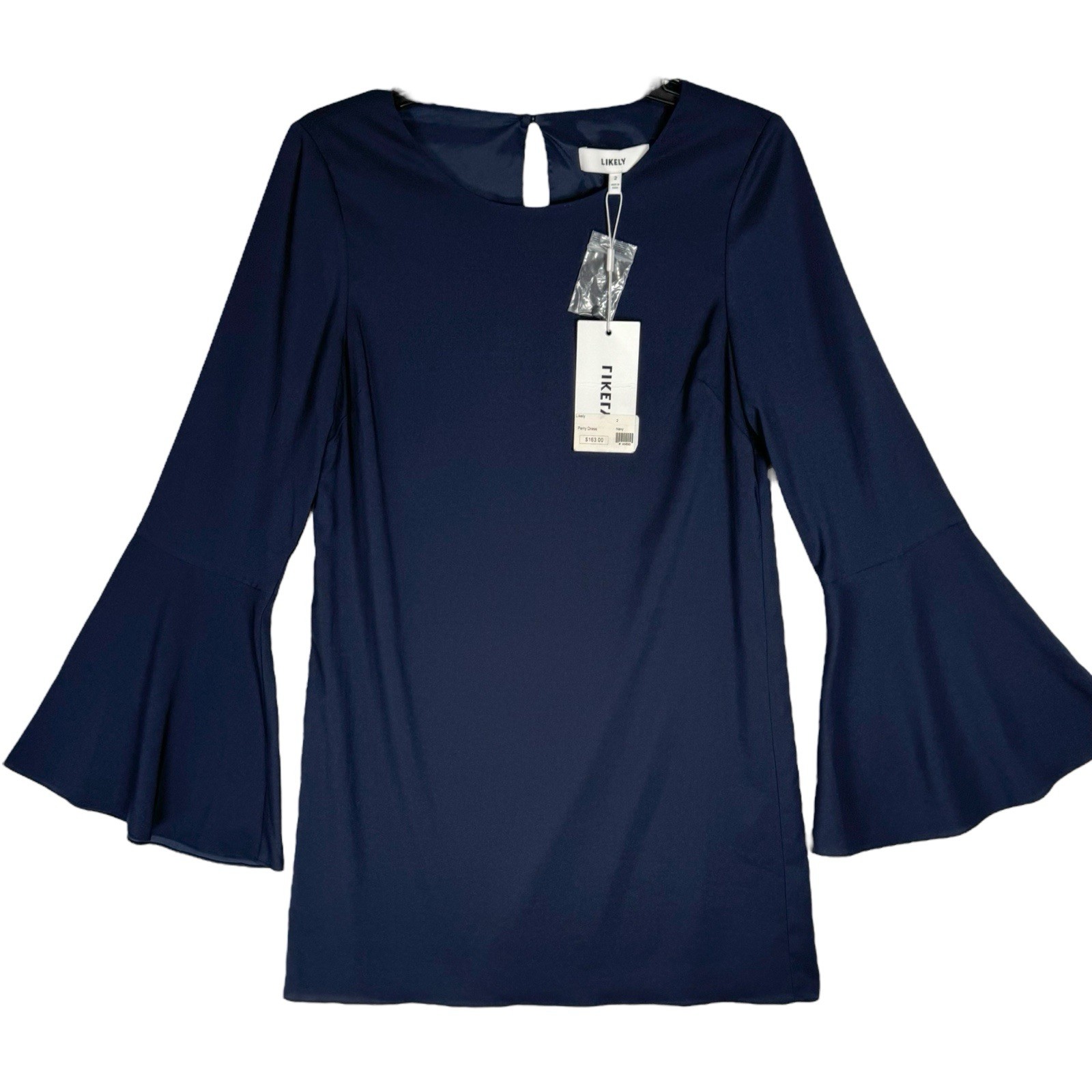 NWT Likely Long Sleeve Shift Dress Size 2 Mod Bell Sleeve Navy Blue Minimalist
