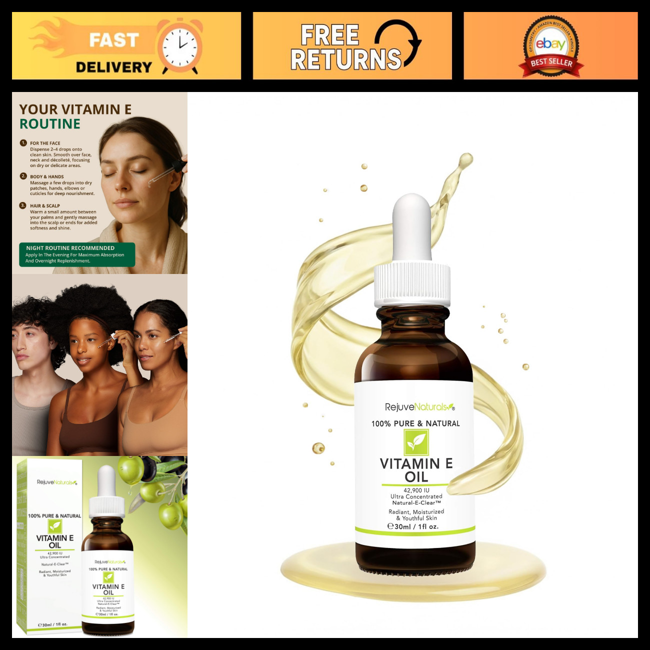 100% Pure Vitamin E Oil - 42,900 IU for Dry Skin Repair, Acne Scars, Age Spots,