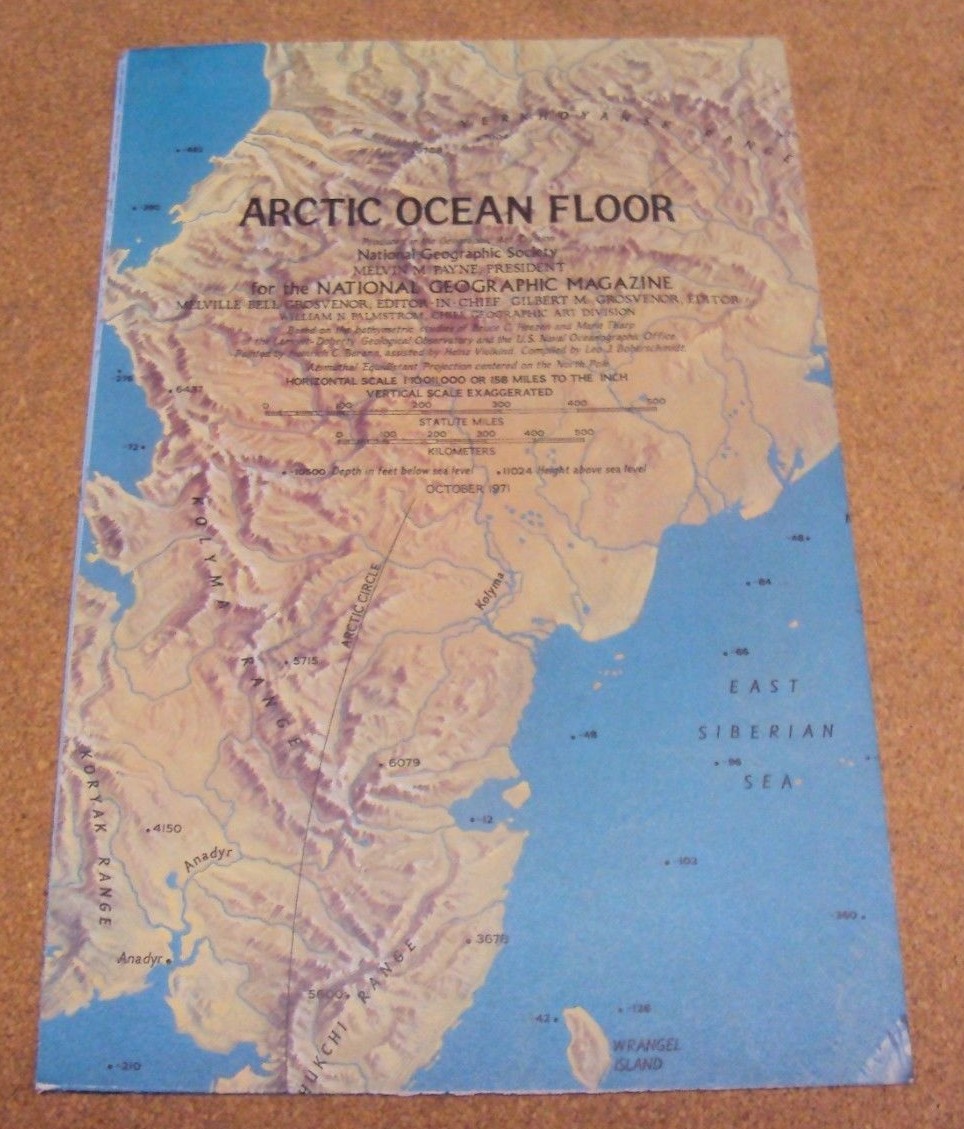 Vintage National Geographic October 1971 Map  Arctic Ocean Floor