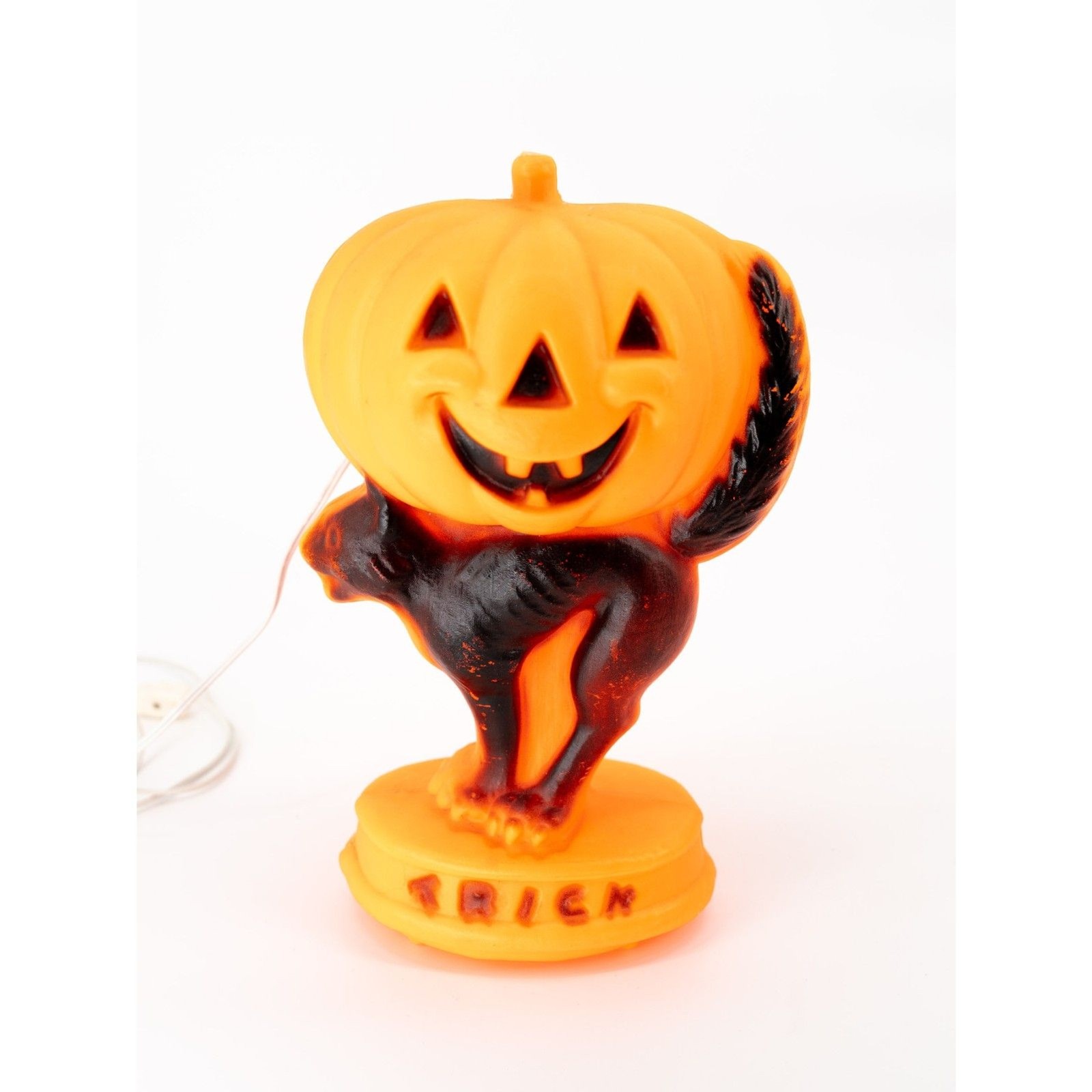 Halloween Vintage Blow Mold Black Cat Jack-o-Lantern Light Bulb + Plug Orange