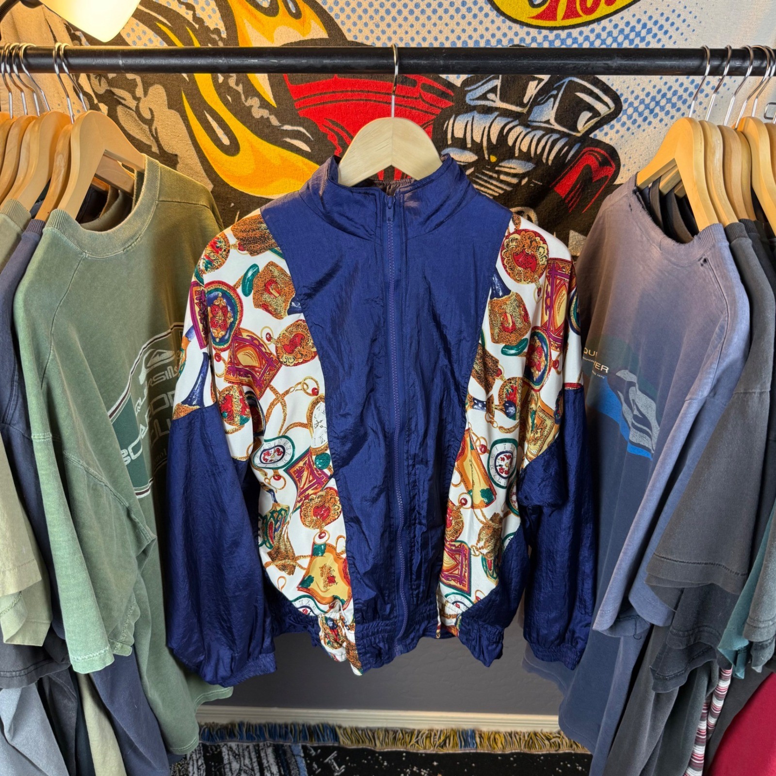Vintage Avant Sporti Windbreaker Jacket Navy Blue Baroque Print 90s Large Vintage Avant Sporti Windbreaker Jacket Navy Blue Baroque Print 90s Large