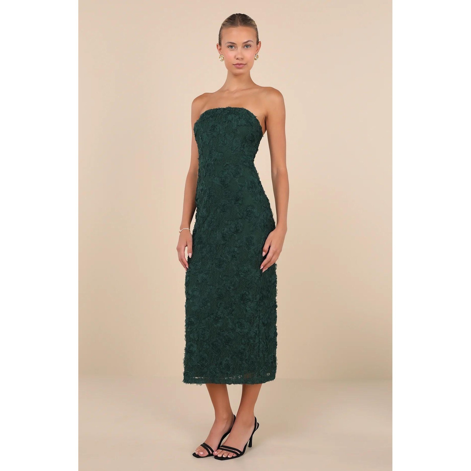 Lulus Flawless Perfection Emerald Floral Applique Strapless Midi Dress Size XS