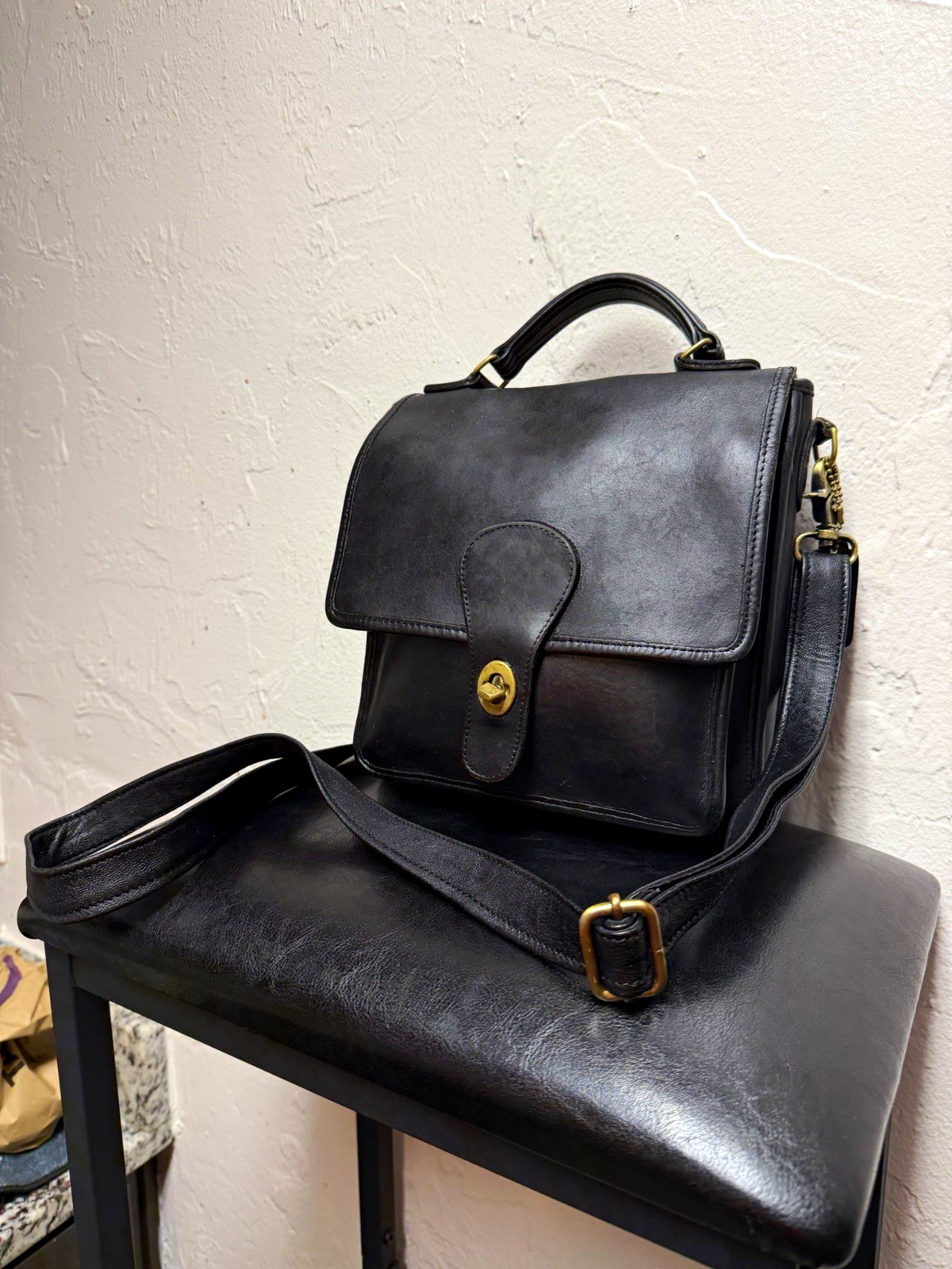 Vintage 80s COACH Black Leather Station Bag #243 Crossbody Purse Brass Turnlock Vintage 80s COACH Black Leather Station Bag #243 Crossbody Purse Brass Turnlock