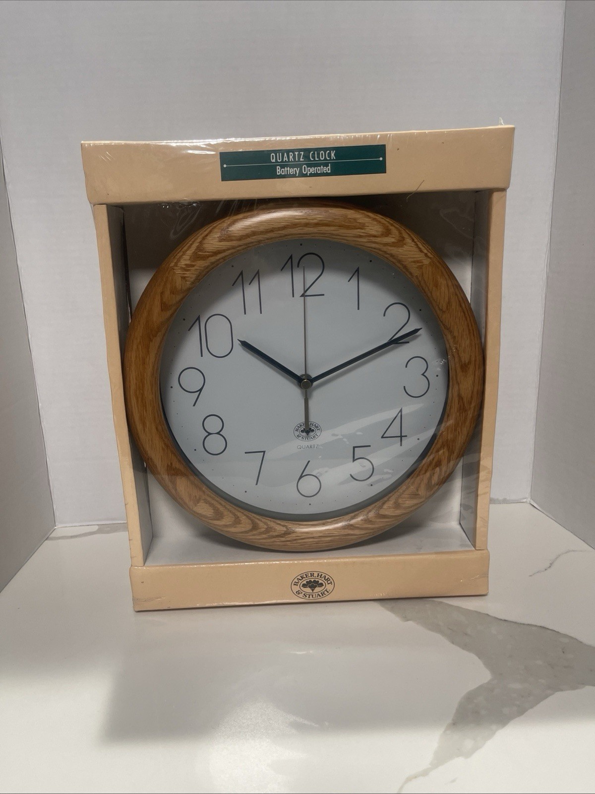 Vintage 1980s Baker Hart & Stuart Oak Wall Clock NOS Sealed Box Quartz MCM
