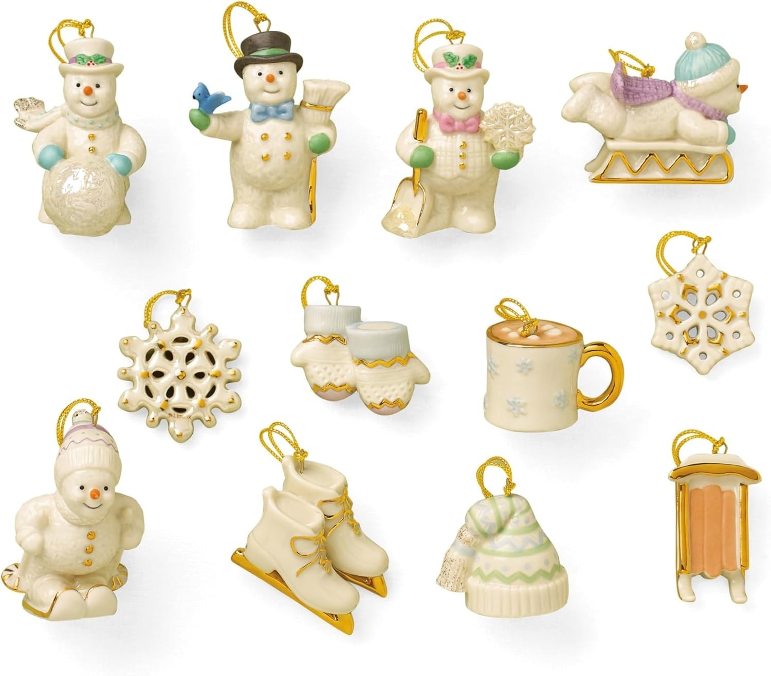 Lenox Snow Pals 12 Piece Ornament Set Christmas Snowman Porcelain Miniature