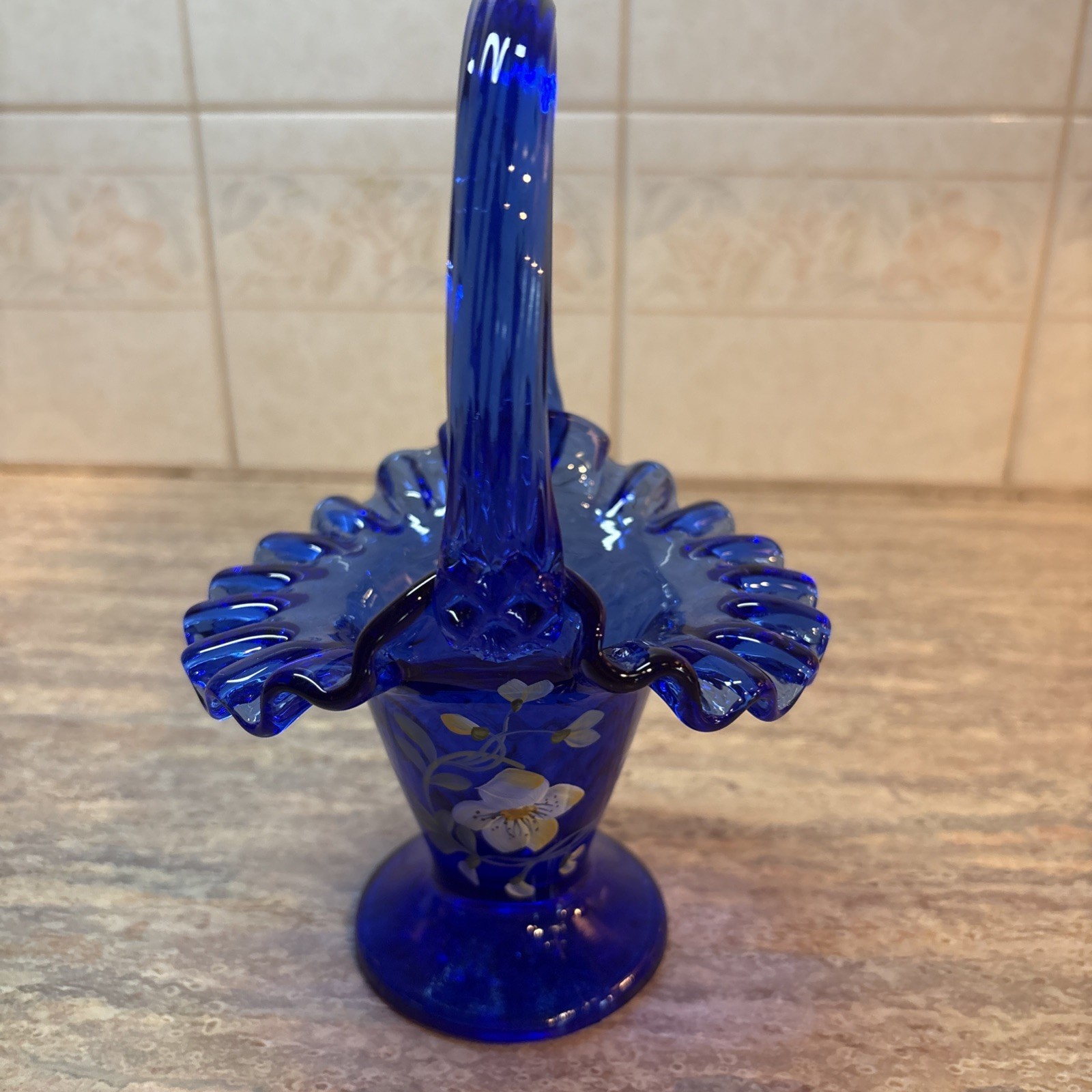 Fenton 7” Hand-Painted Blue Glass Basket Blue Flax Artist Signed By S Smith