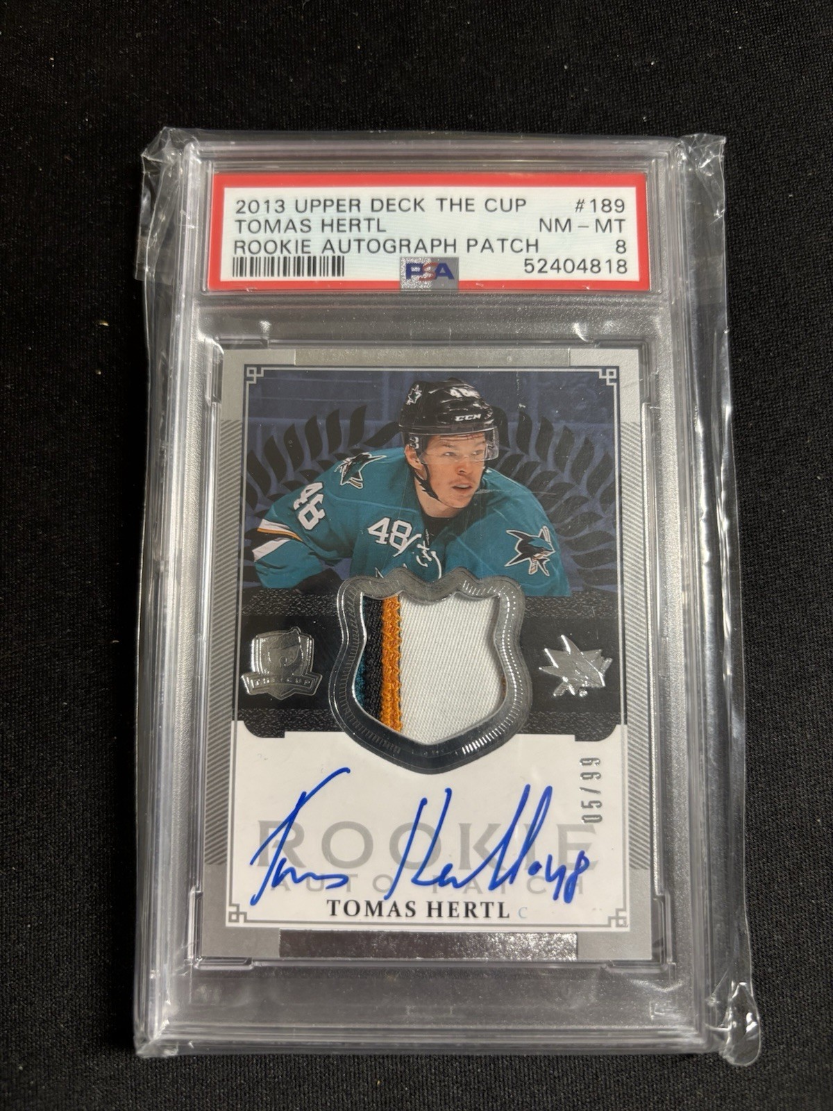 2013-14 The Cup Tomas Hertl Rookie Patch Auto 5/99 3 Colour Patch PSA 8