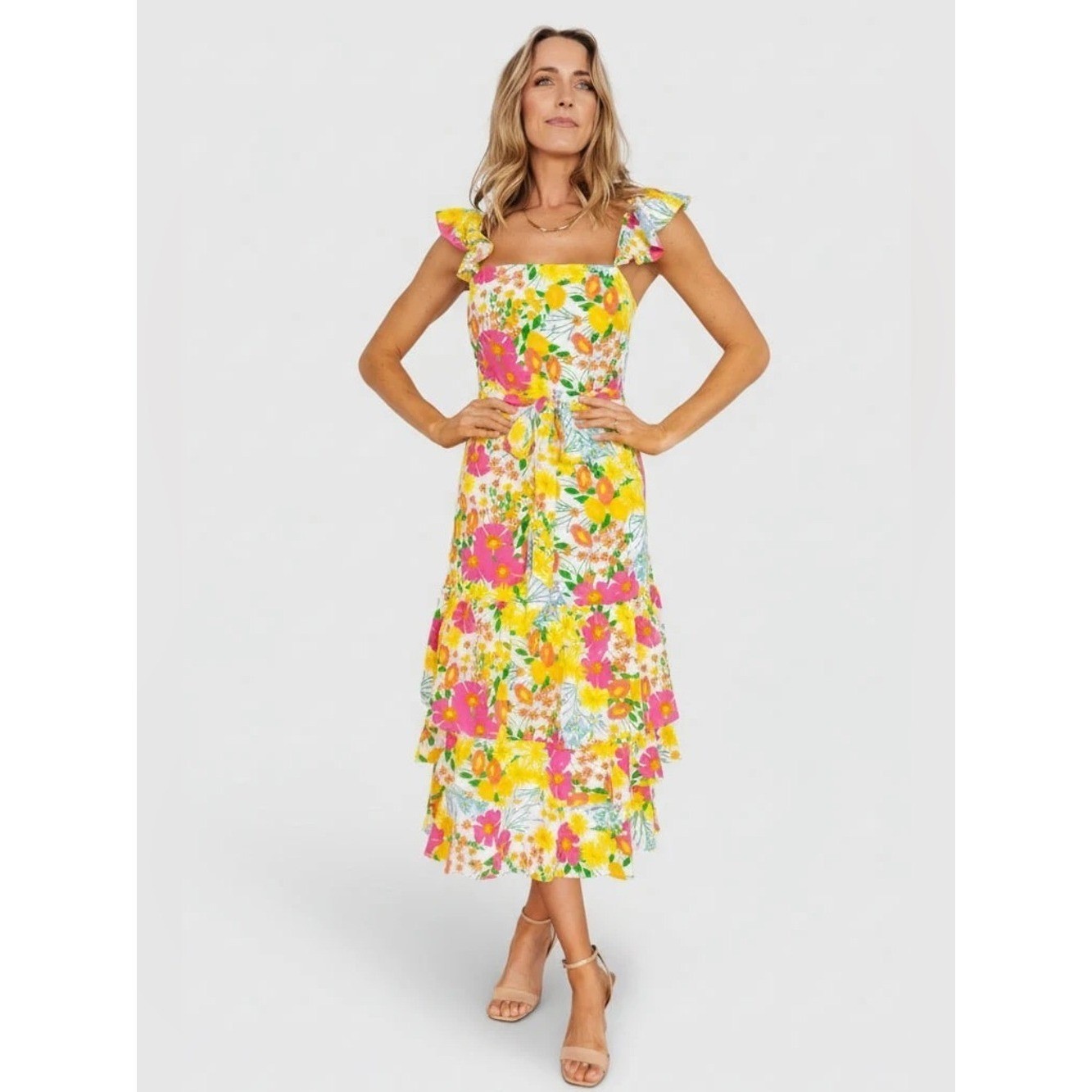 Baltic Born Dani Ruffle Tiered Midi Dress | Multi Floral Size M Baltic Born Dani Ruffle Tiered Midi Dress | Multi Floral Size M