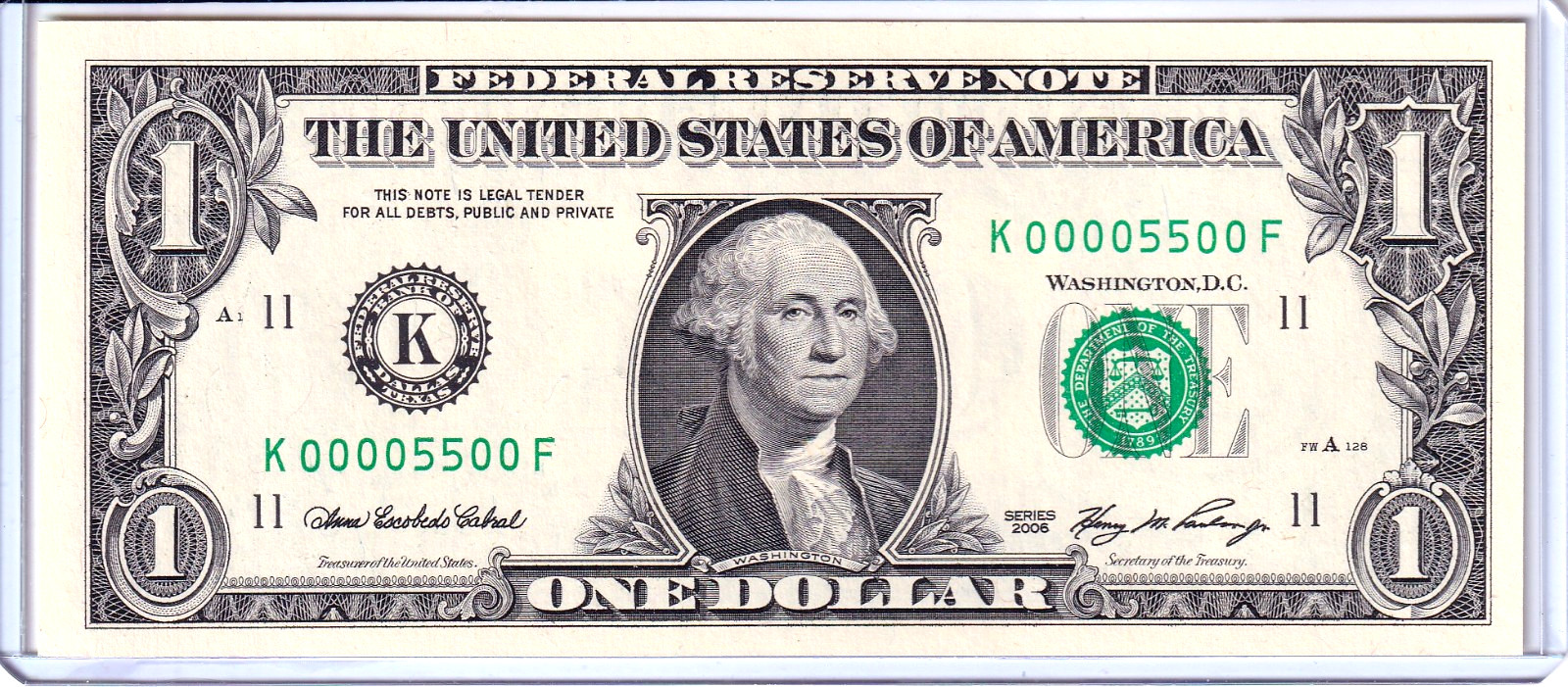 2006 $1 FRN Uncirculated Fancy 0/5 BINARY Near Solid Serial #K00005500F