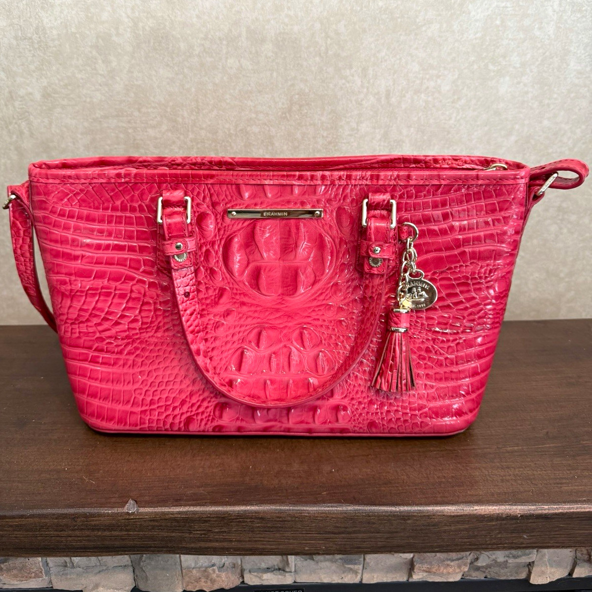 Brahmin Pink Embossed Alligator Satchel Zip Top Shoulder Strap Tassel Charm Brahmin Pink Embossed Alligator Satchel Zip Top Shoulder Strap Tassel Charm