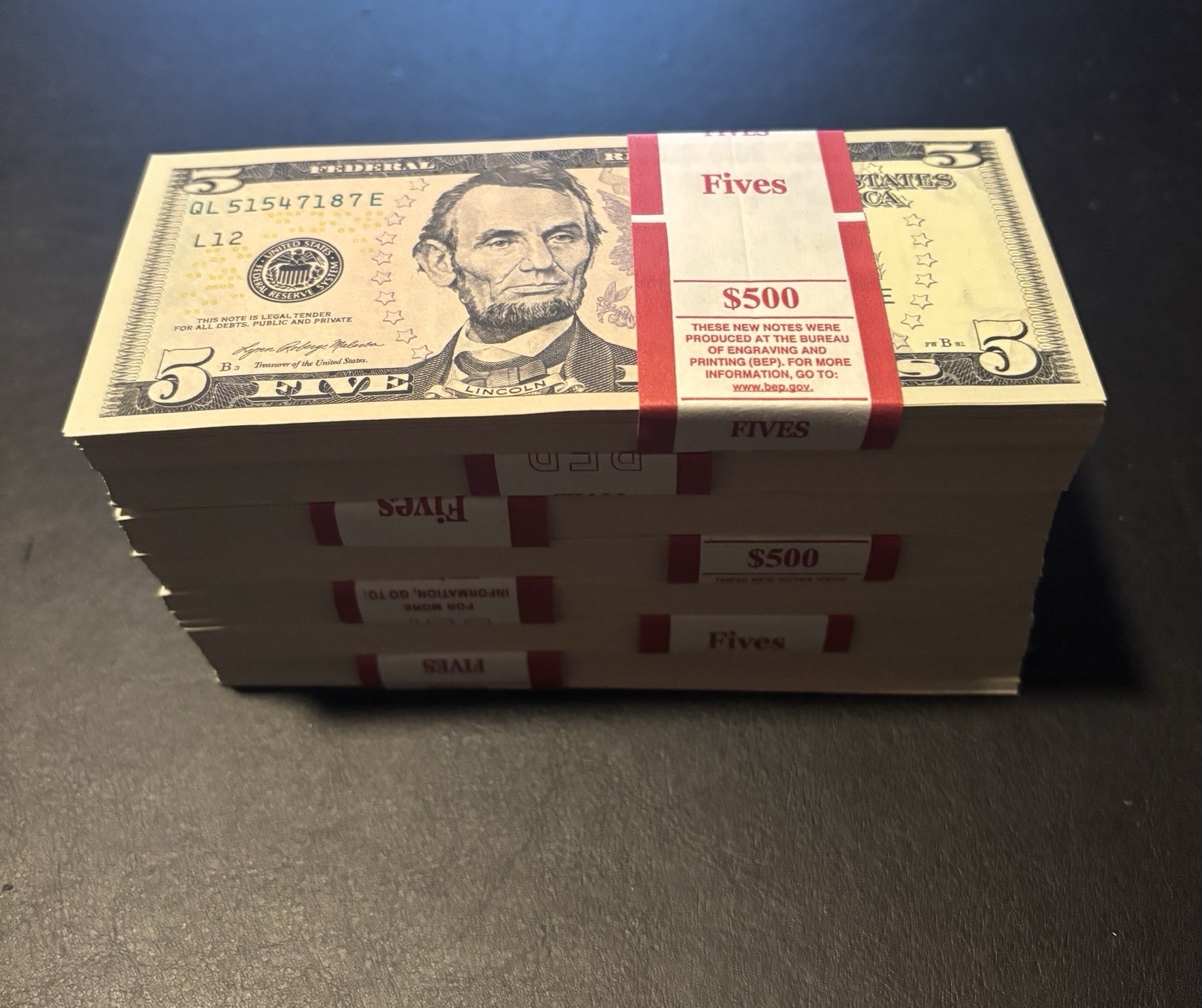 100 ($5 Bills) -Uncirculated Five Dollar Bills with BEP Strap - (Sequential)