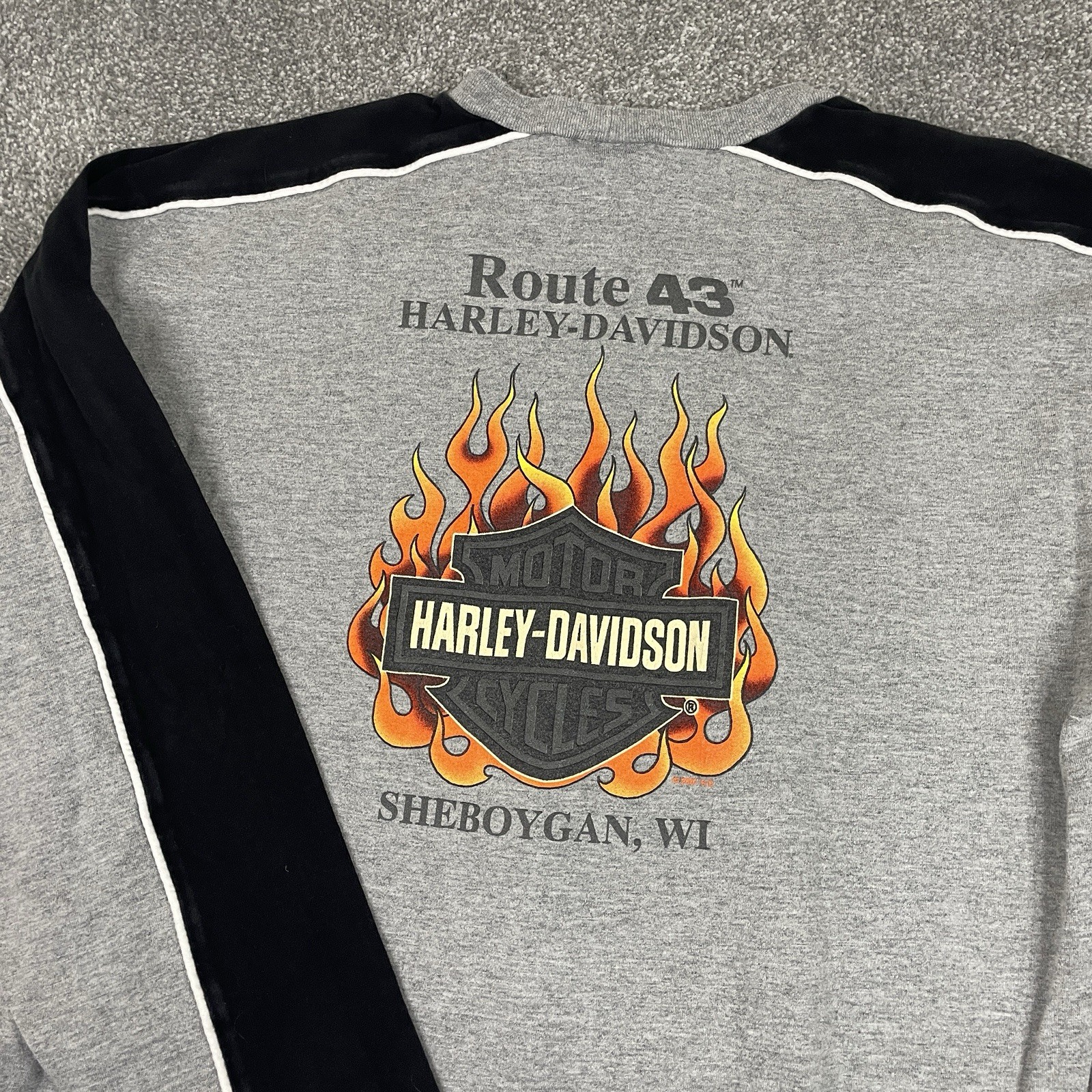 Harley Davidson Shirt Mens L Black Gray Flame Back Hit Long Sleeve Biker Vintage