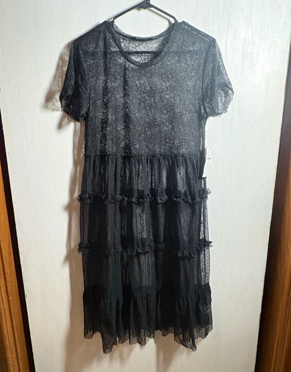ZARA BASIC Size S Black Lace Sheer Stretch Shift Dress Round Neck Short Sleeve