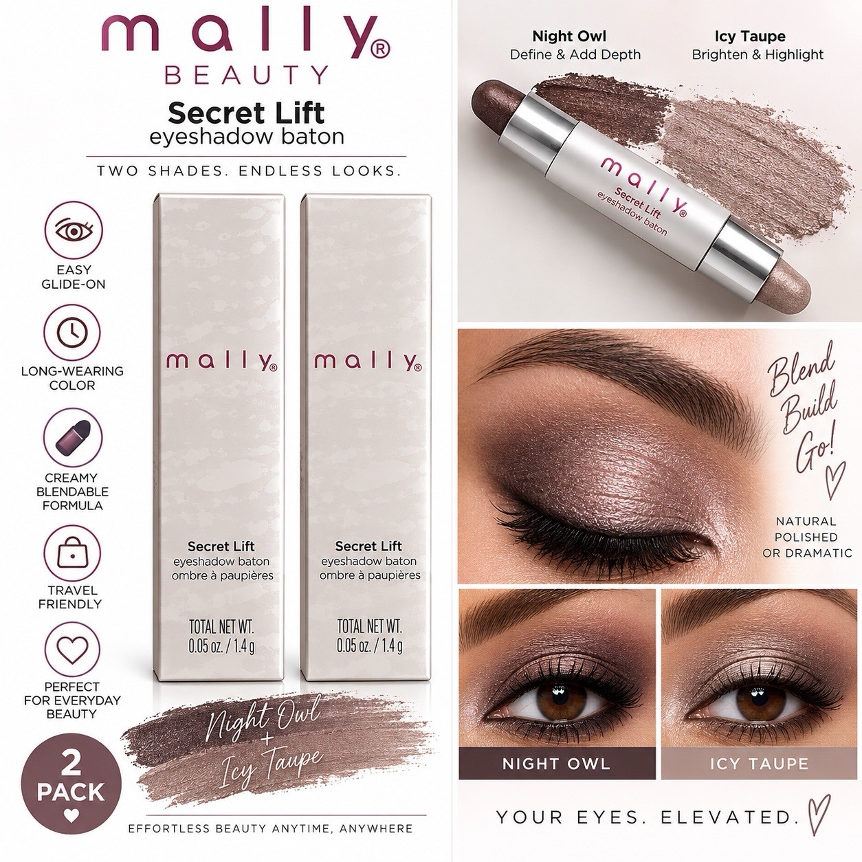 Mally Beauty Secret Lift Eyeshadow Baton – Night Owl / Icy Taupe – 2 PACK