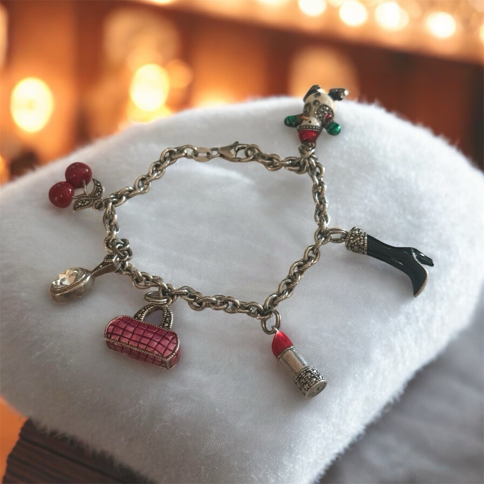 VTG Judith Jack 925 Charm Bracelet Mirror Lipstick Boot Purse Snowman Cherries