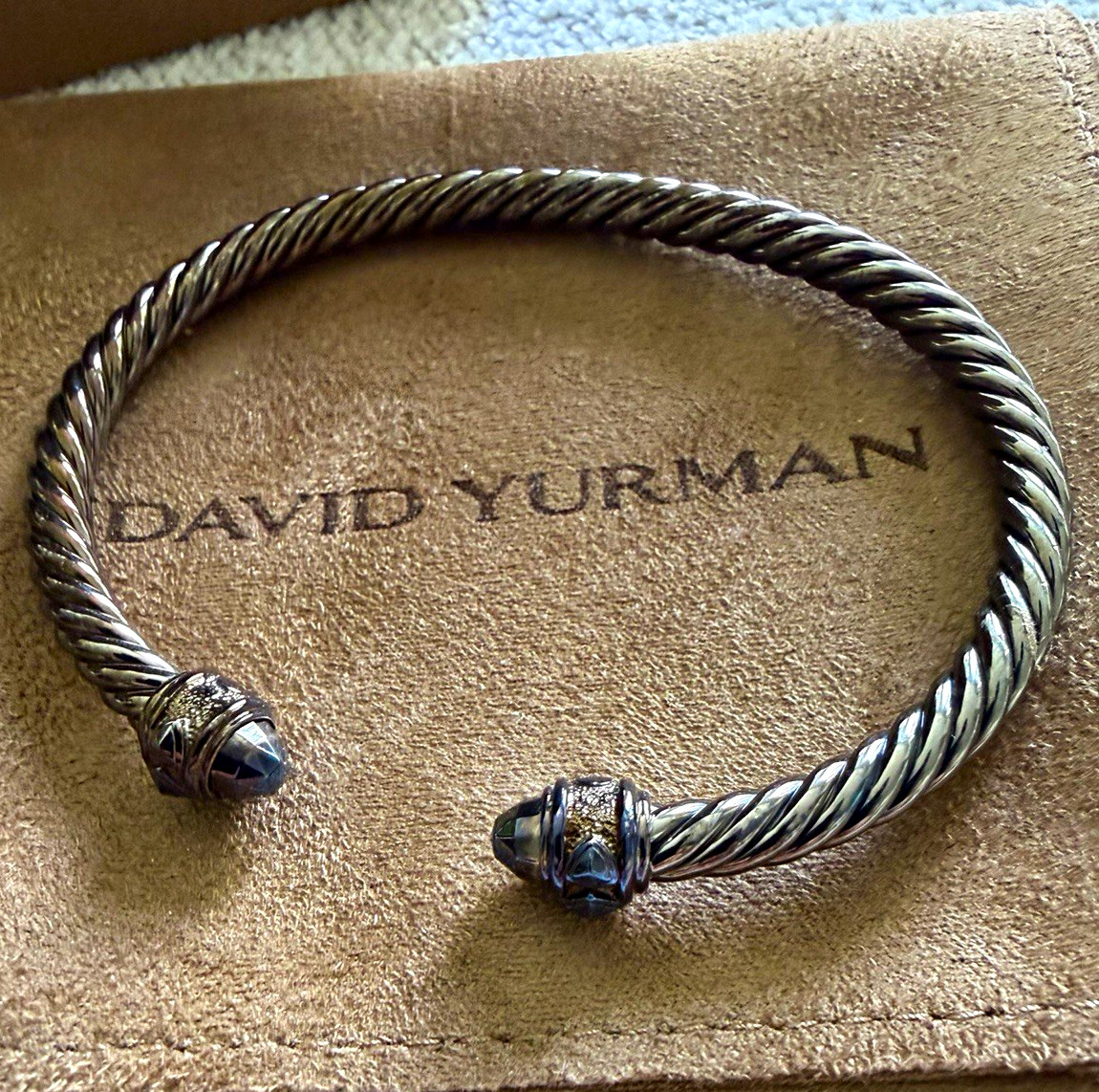 David Yurman 925 Sterling Silver 5mm Cable Cuff Bracelet Faceted Black Hematite