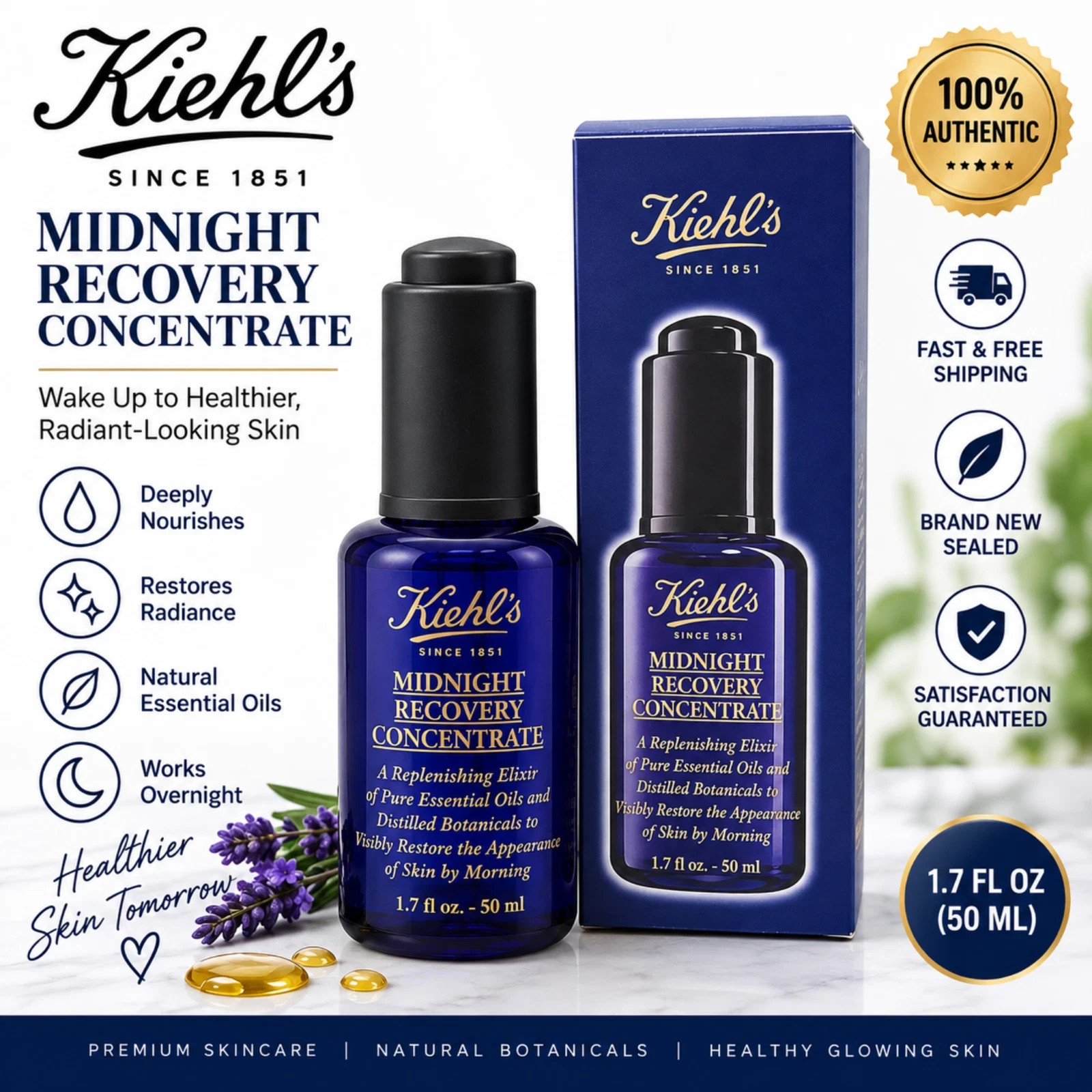 Kiehl’s Midnight Recovery Concentrate 1.7 oz 50ml Facial Oil Serum New