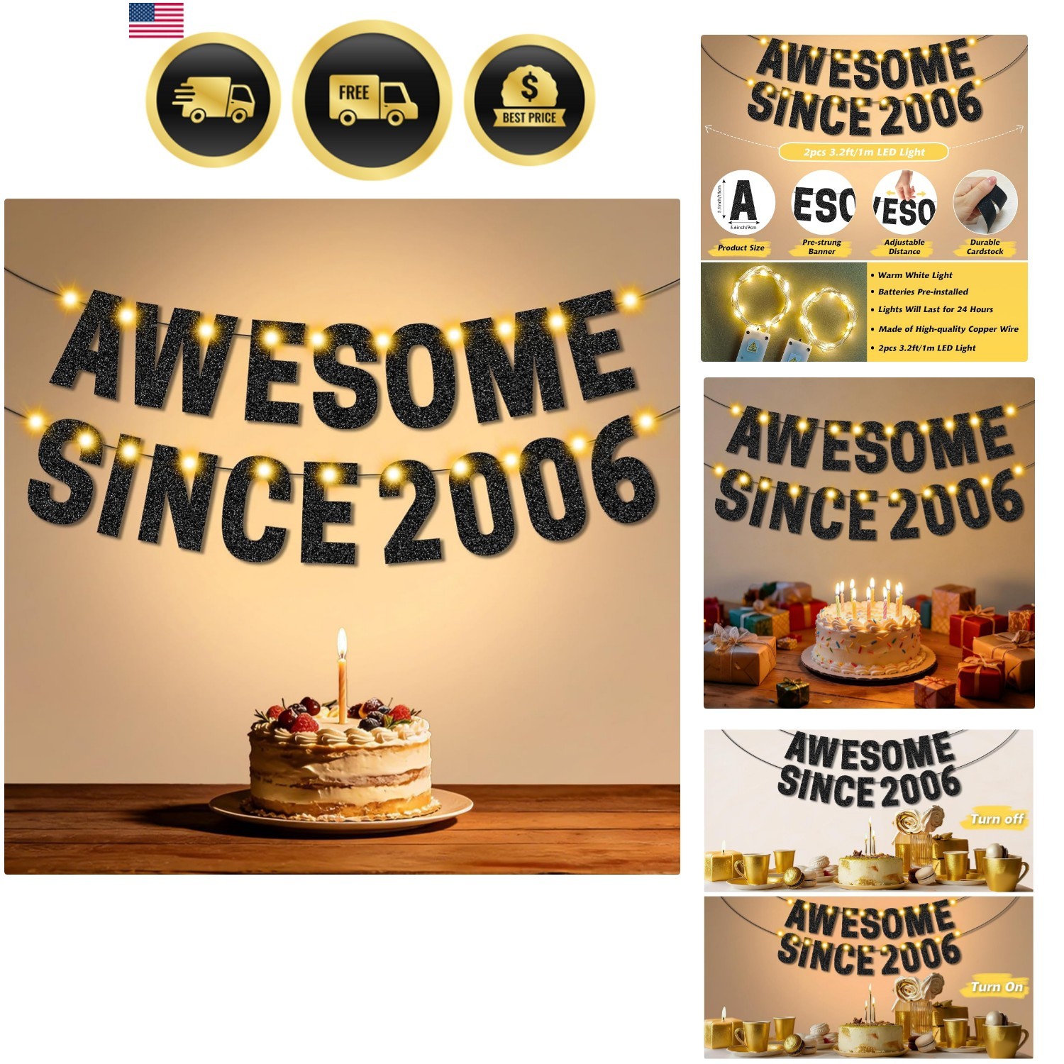 20th Birthday Decorations Banner LED Lights Black Unisex Party Supplies