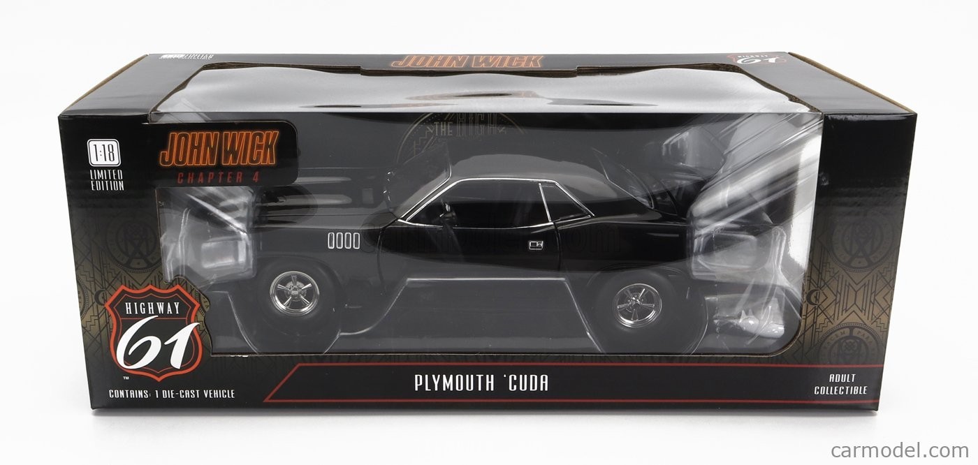 Highway 61 1/18 1971 Plymouth Barracuda Black John Wick Chaper 4 HWY-18045