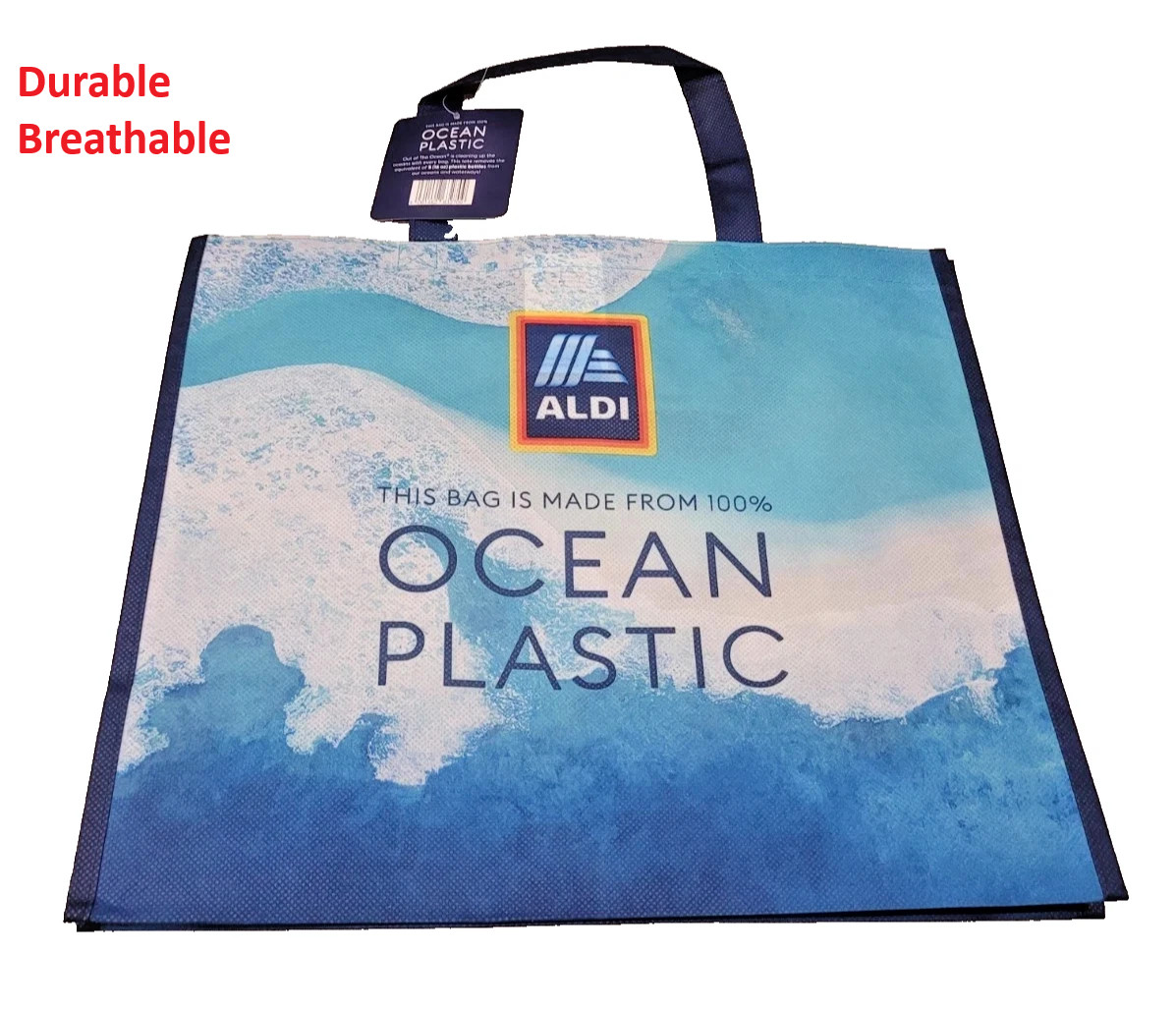 ALDI Reusable Shopping Bag Tote - 100% Ocean Plastic- 16x14“- Blue New Large 1PC ALDI Reusable Shopping Bag Tote - 100% Ocean Plastic- 16x14“- Blue New Large 1PC